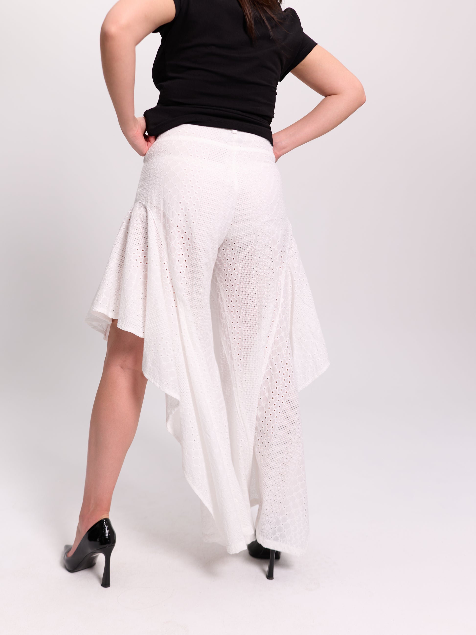 White Broderie Anglaise Flared Culotte Trousers