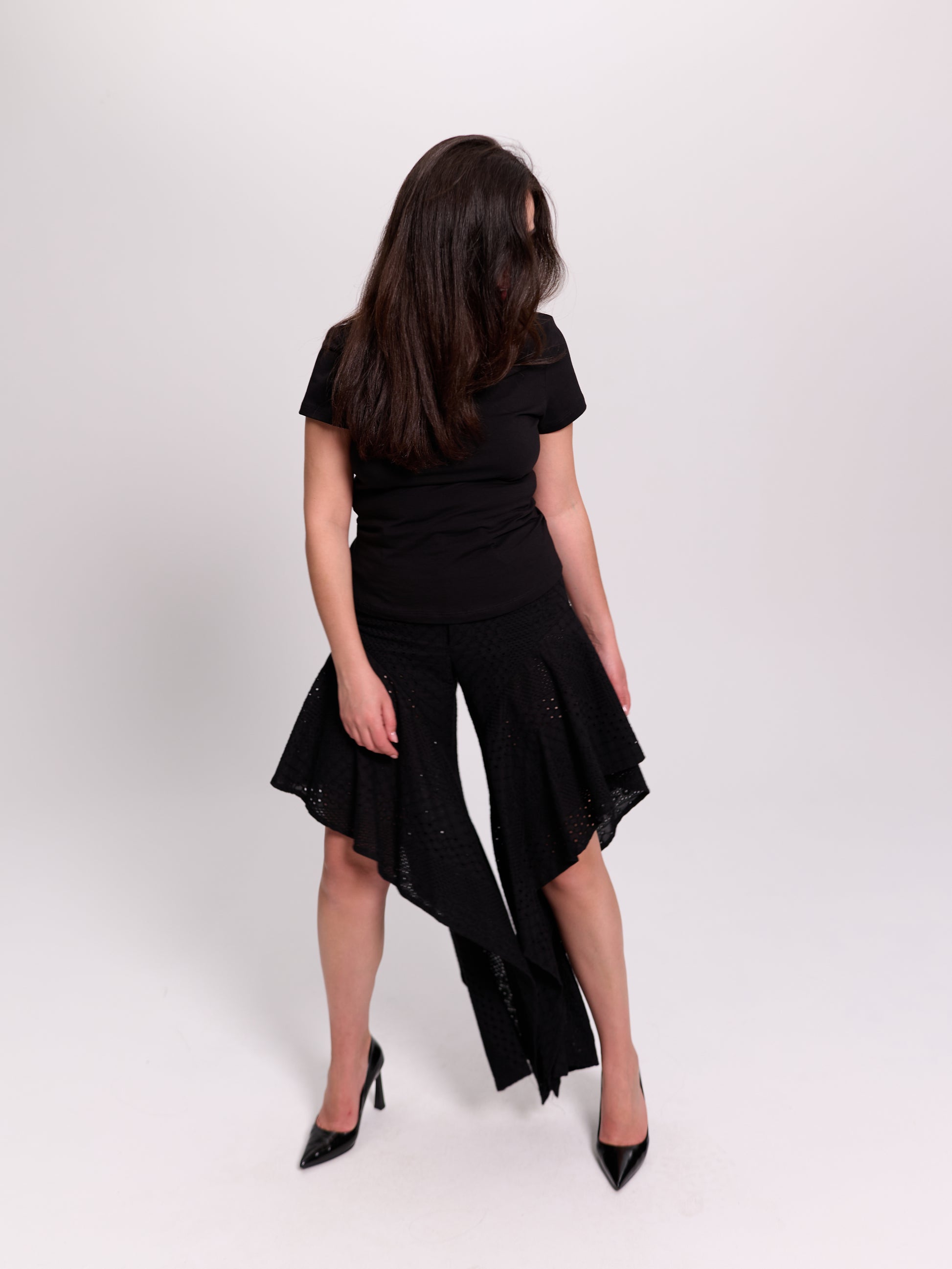 Black Broderie Anglaise Flared Culotte Trousers