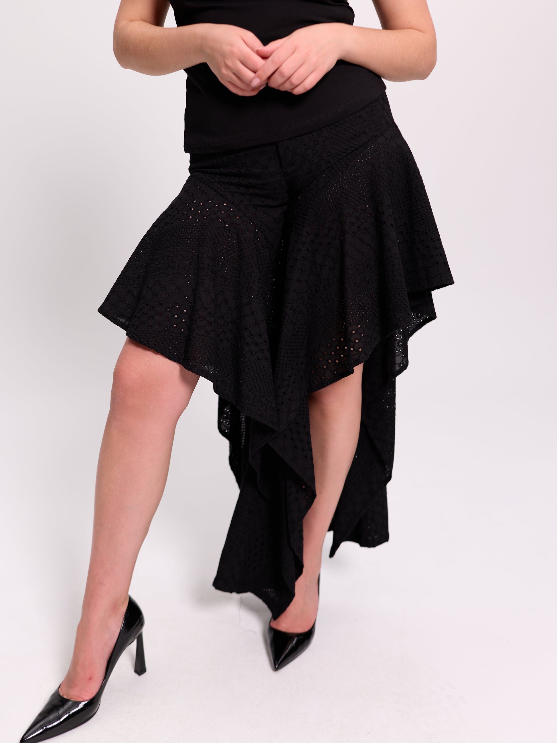 Black Broderie Anglaise Flared Culotte Trousers