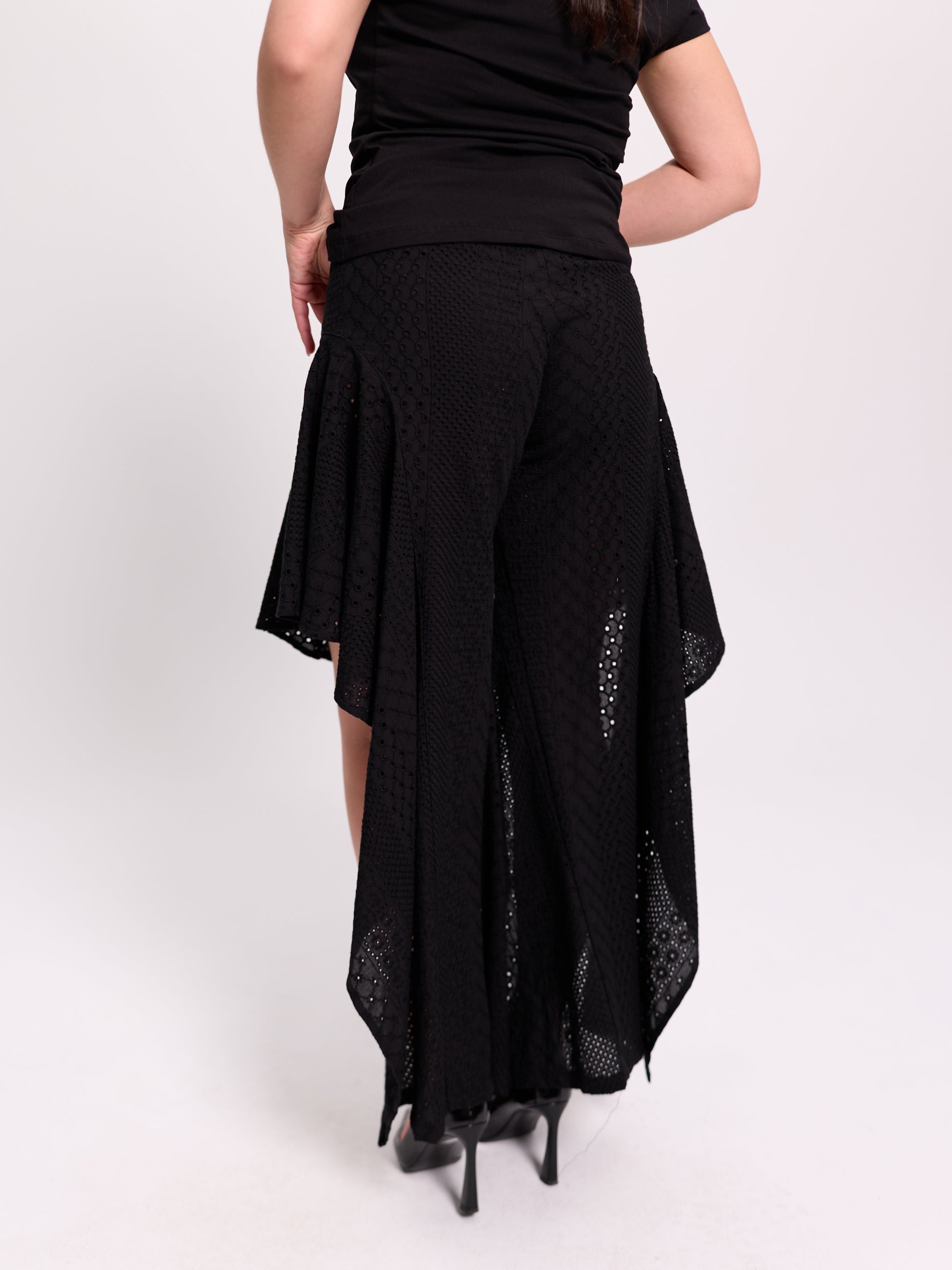 Black Broderie Anglaise Flared Culotte Trousers