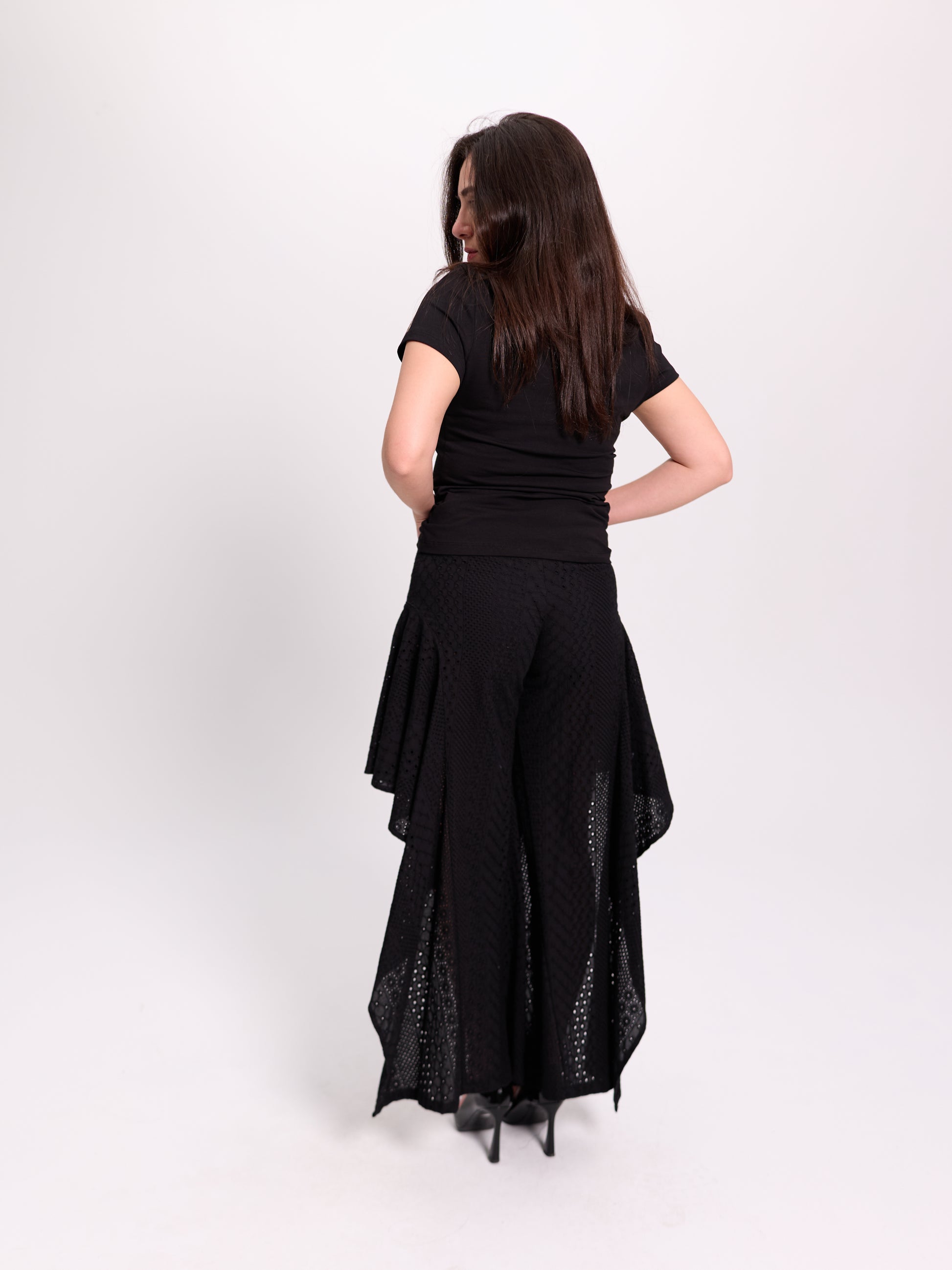 Black Broderie Anglaise Flared Culotte Trousers