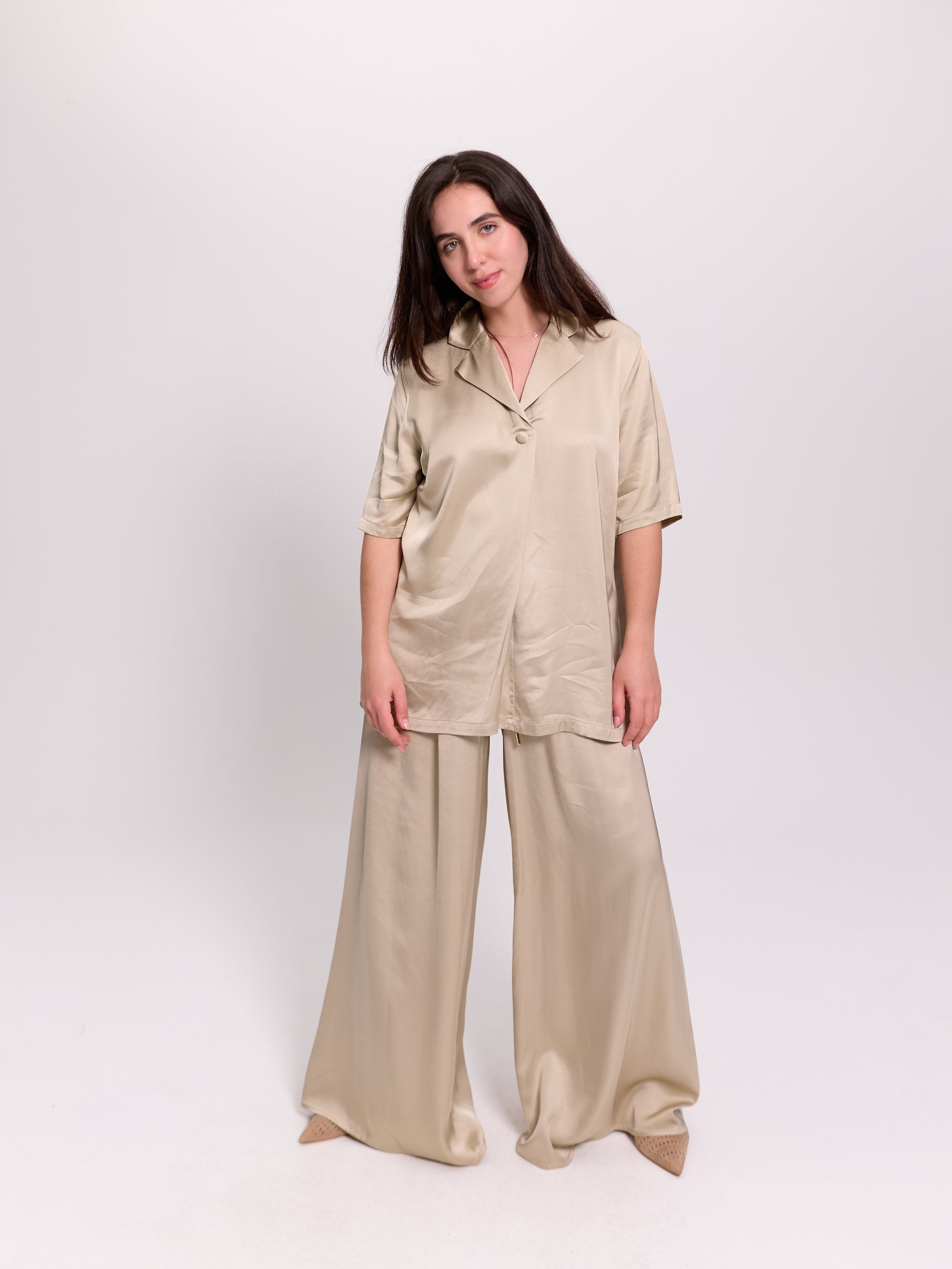 Cream Wide-Leg Satin Drawstring Trousers