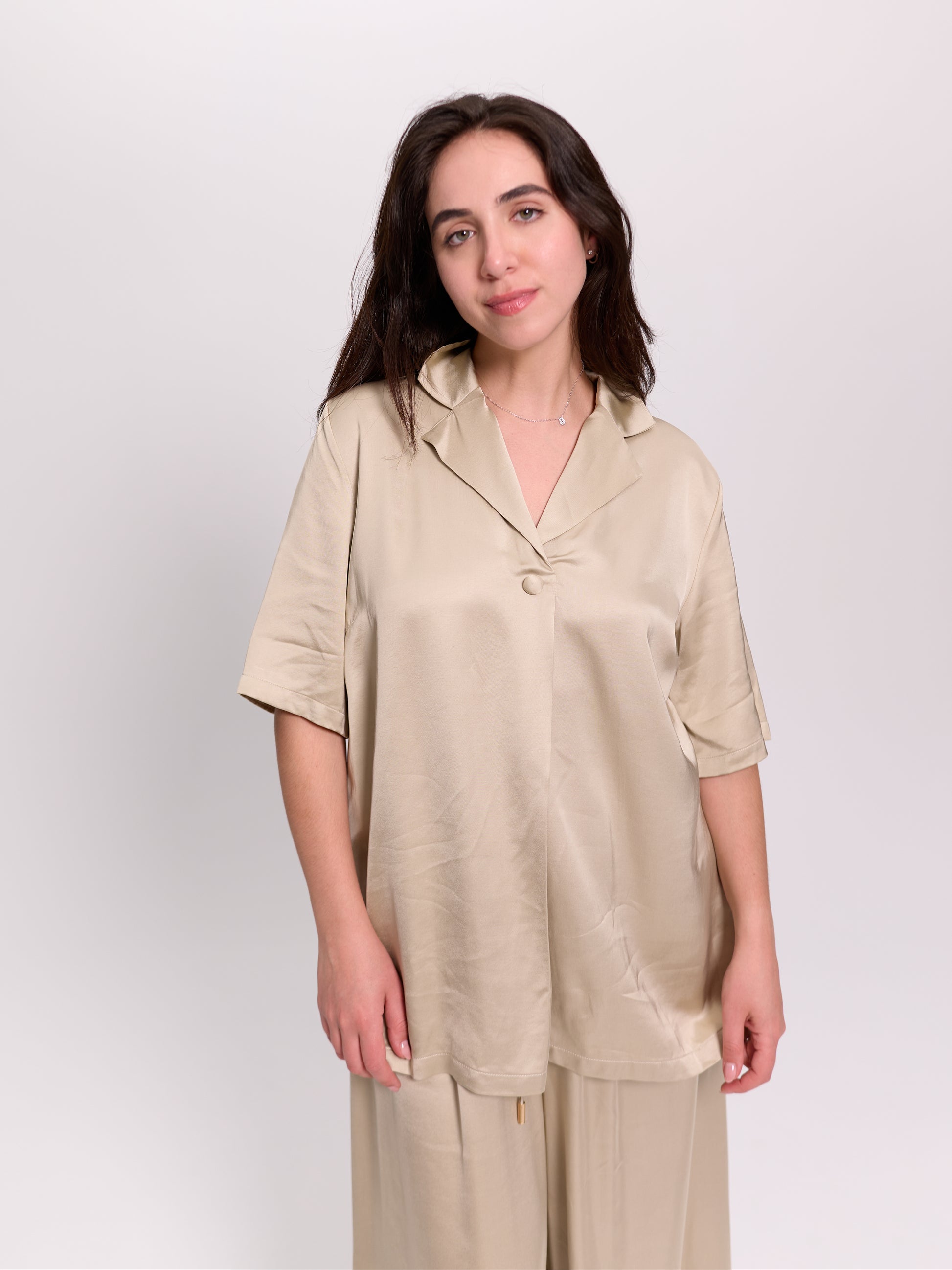Cream Oversized Satin Lapel Shirt