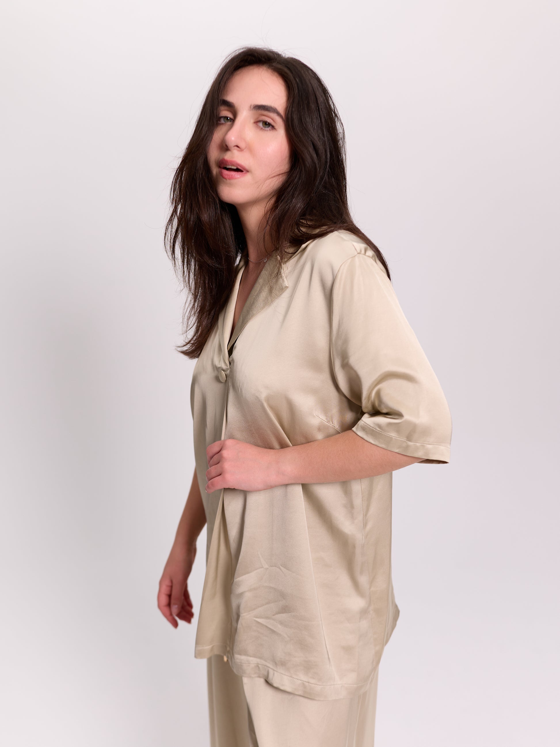 Cream Oversized Satin Lapel Shirt