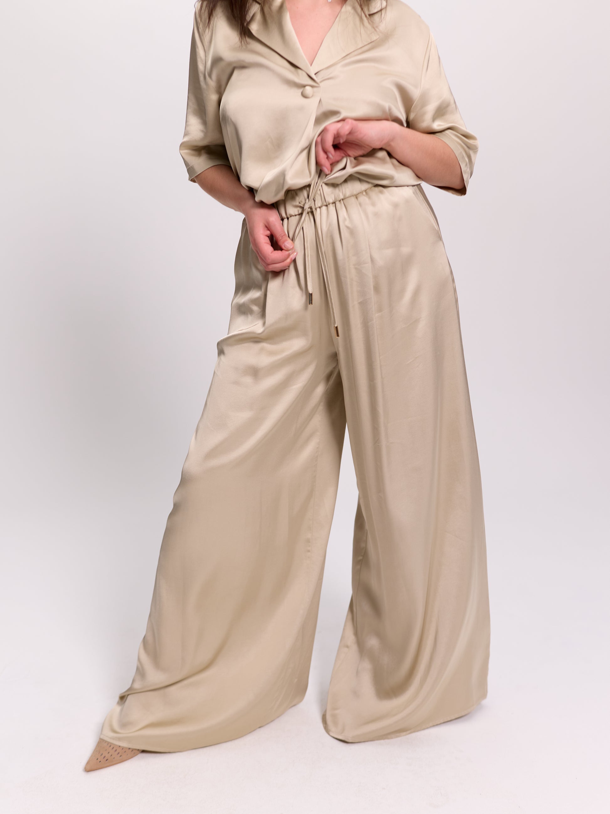 Cream Wide-Leg Satin Drawstring Trousers