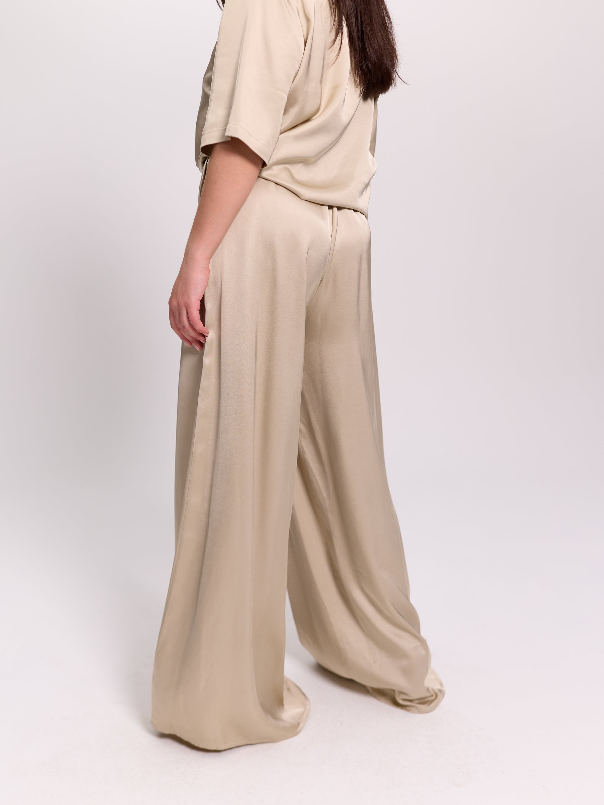 Cream Wide-Leg Satin Drawstring Trousers