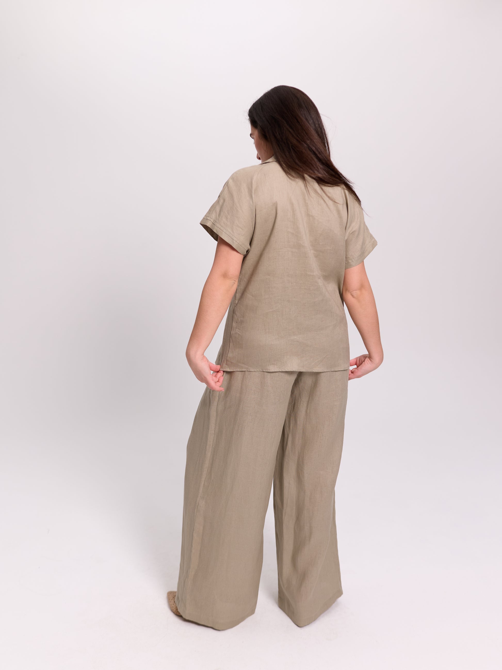 Beige Wide-Leg Pleated Linen Trousers