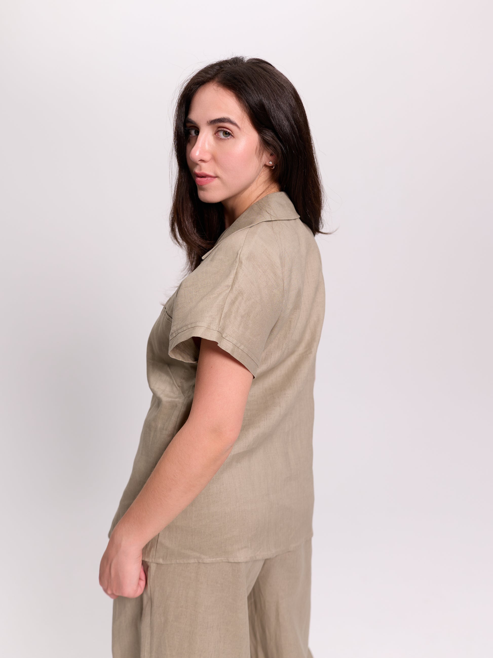 Beige Short-Sleeve Linen Camp Collar Shirt