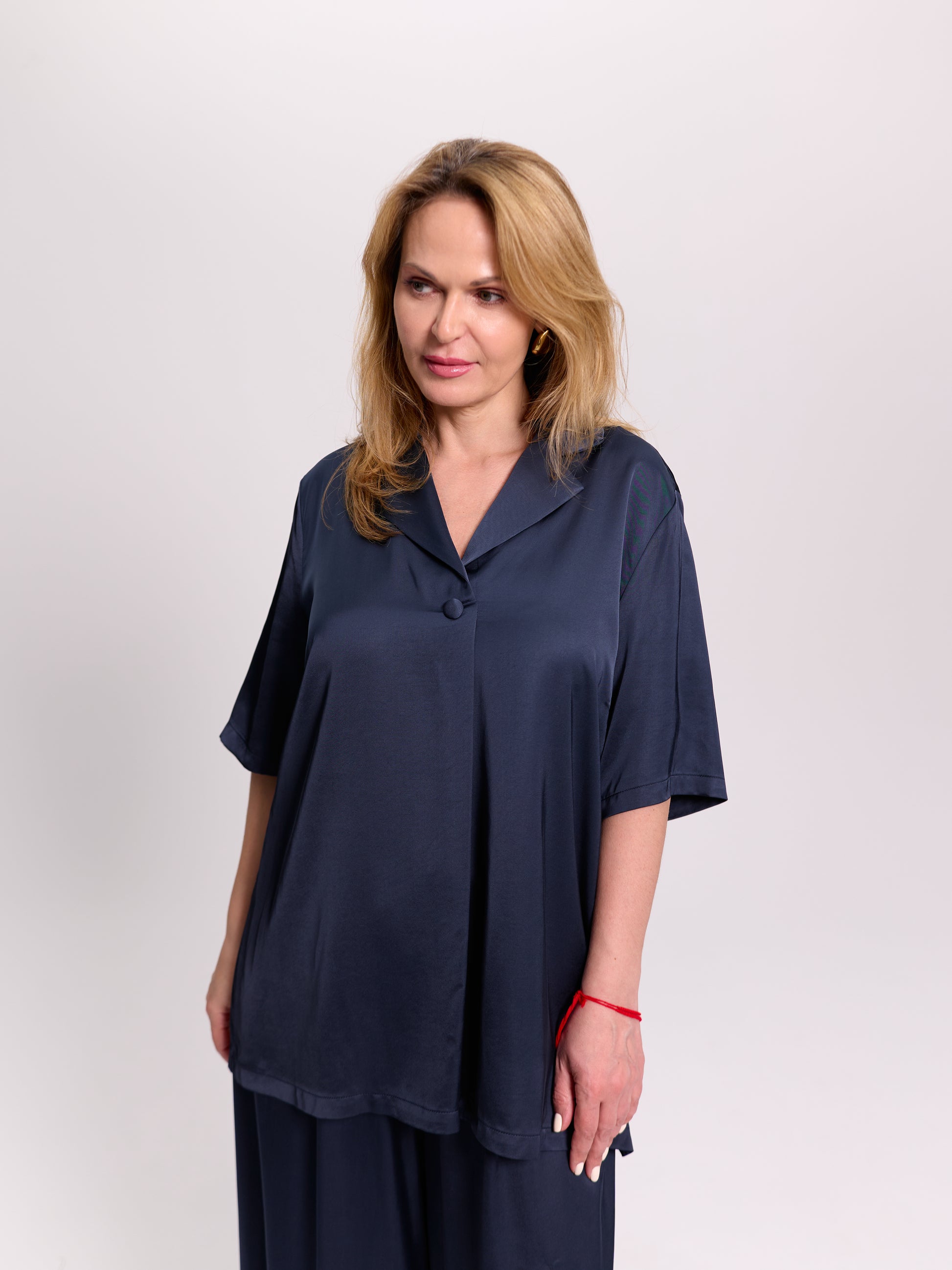 Navy Oversized Satin Lapel Shirt