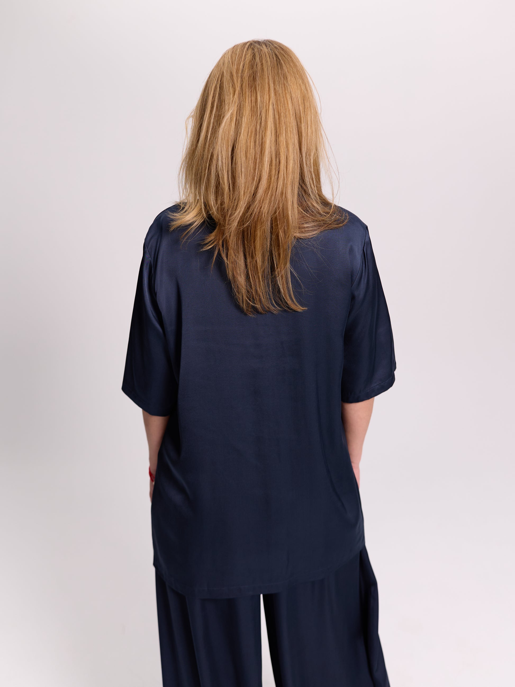 Navy Oversized Satin Lapel Shirt