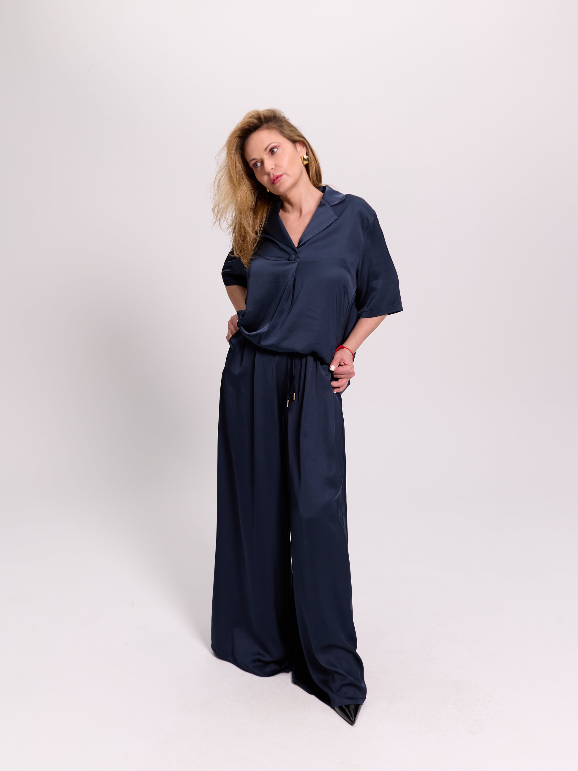 Navy Wide-Leg Satin Drawstring Trousers