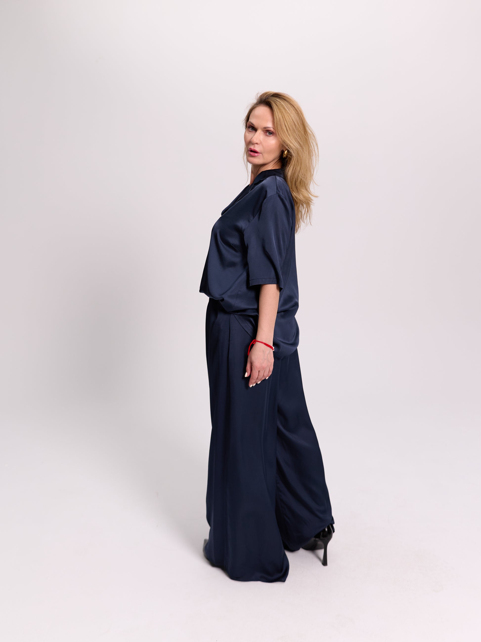 Navy Wide-Leg Satin Drawstring Trousers