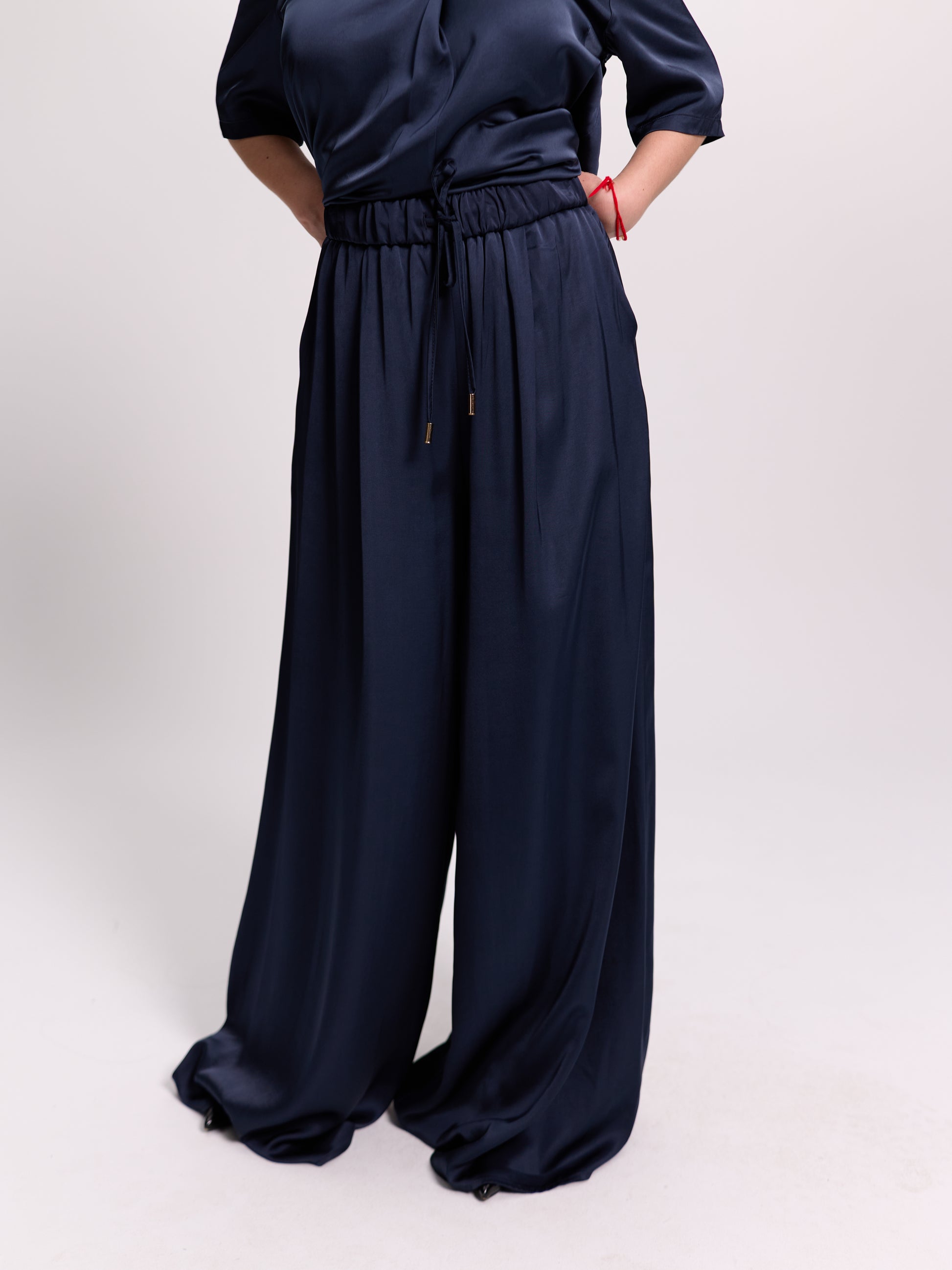 Navy Wide-Leg Satin Drawstring Trousers