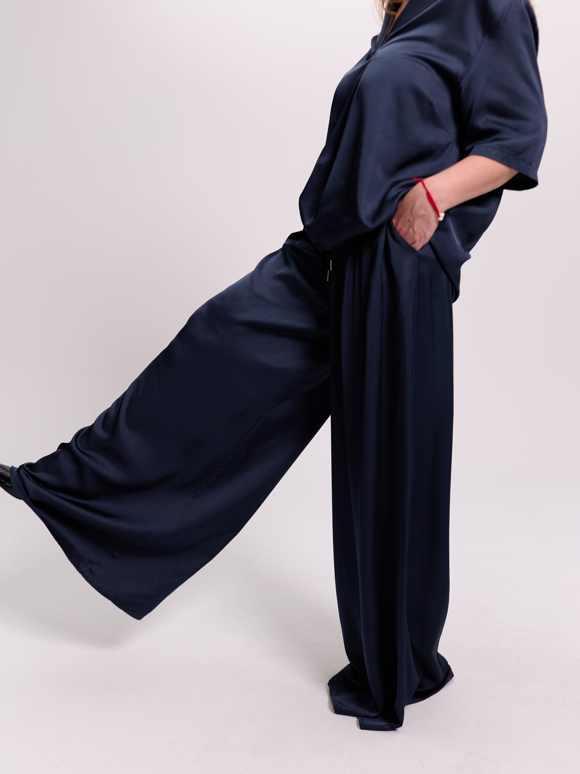 Navy Wide-Leg Satin Drawstring Trousers