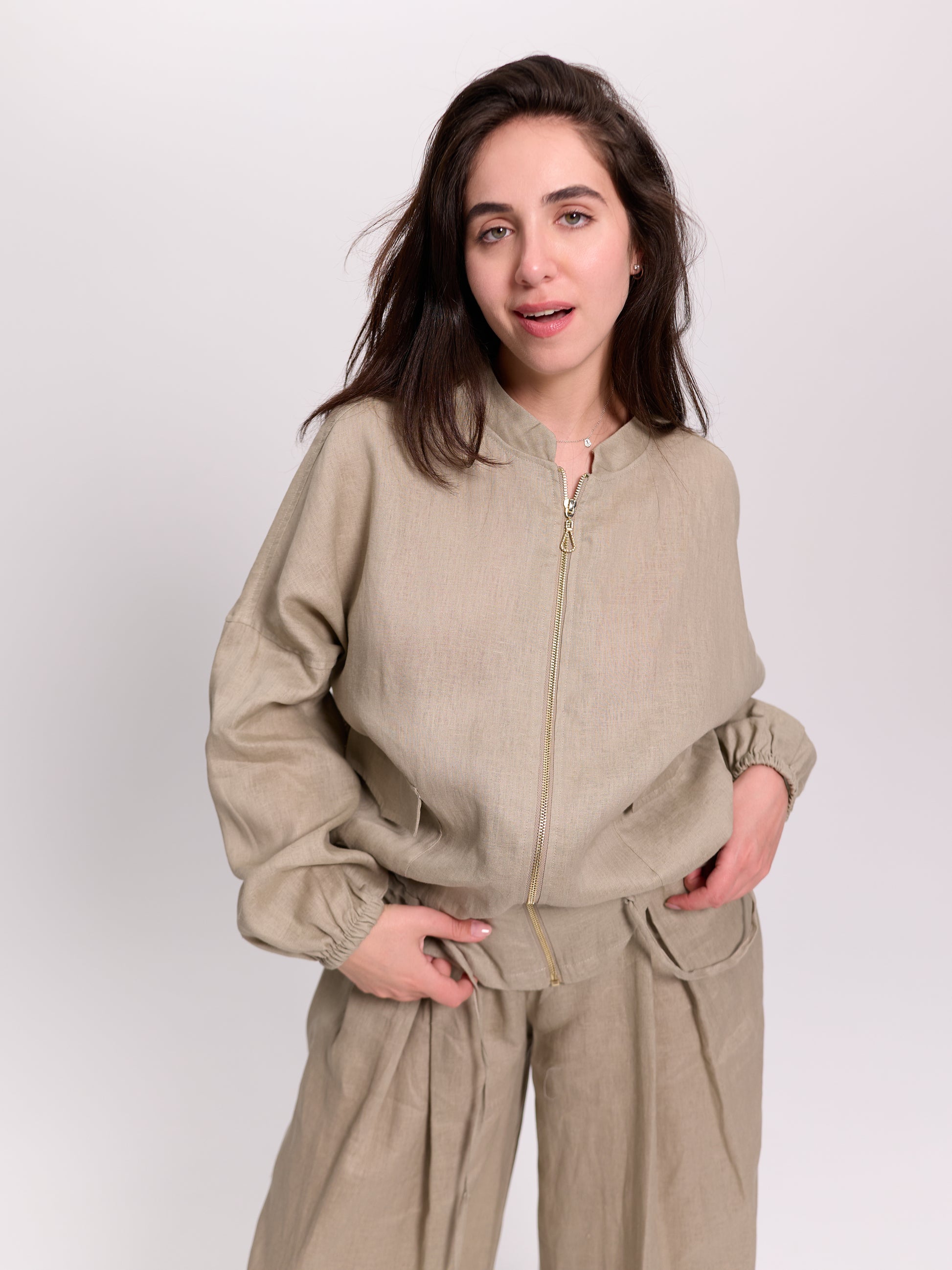 Beige Linen Bomber Jacket