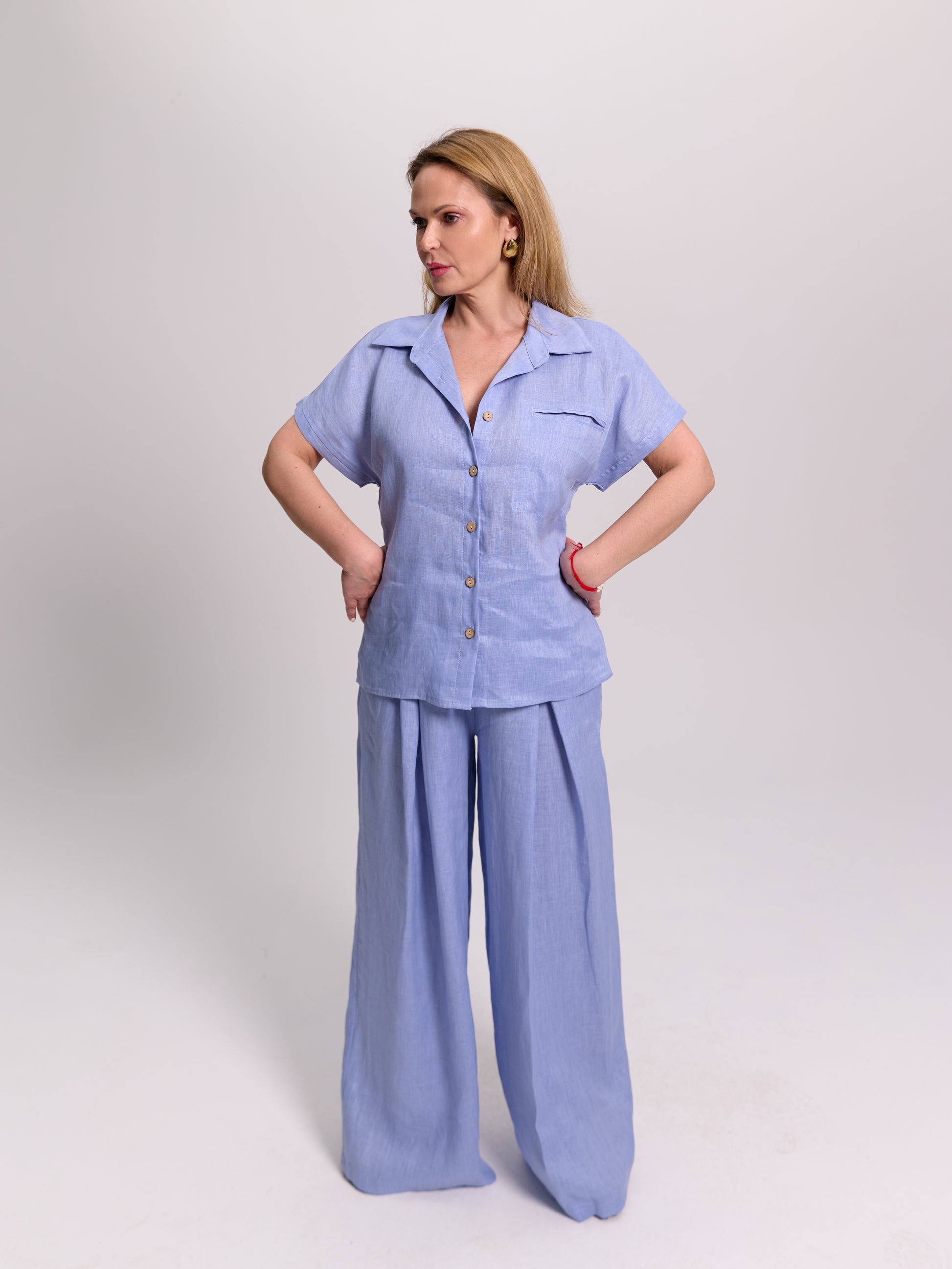 Baby Blue Short-Sleeve Linen Camp Collar Shirt