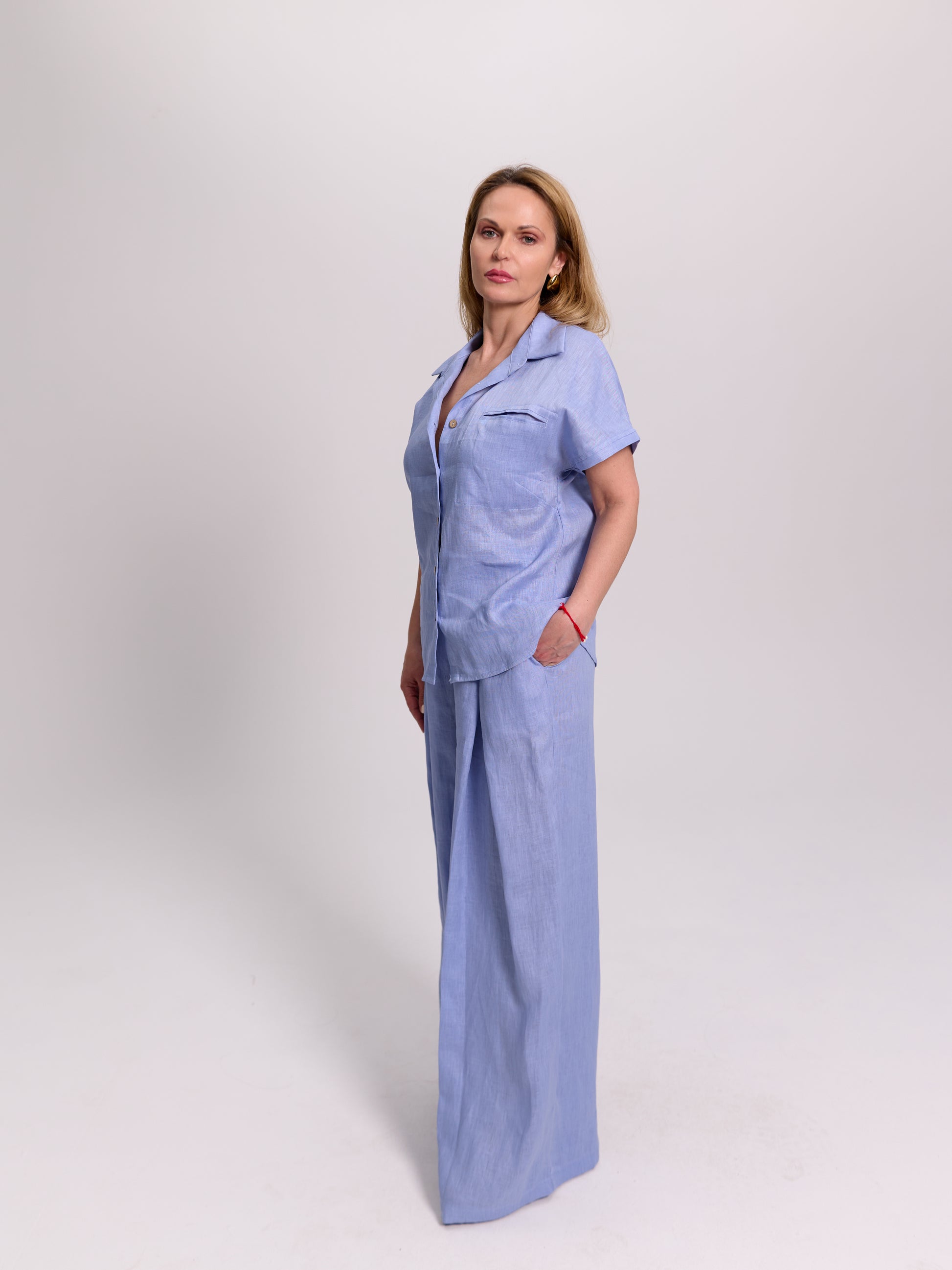 Baby Blue Wide-Leg Pleated Linen Trousers