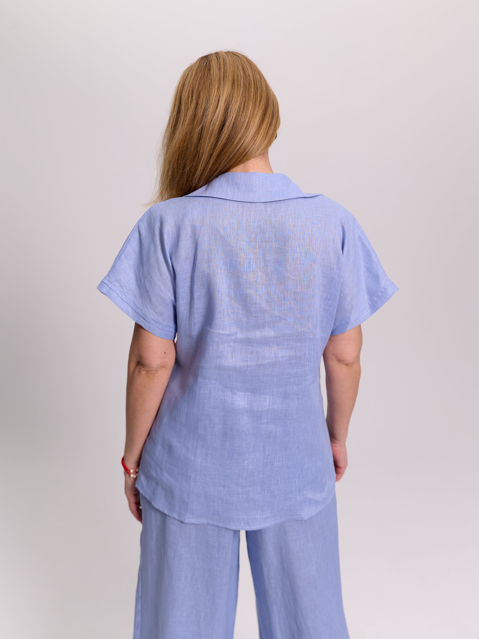 Baby Blue Short-Sleeve Linen Camp Collar Shirt