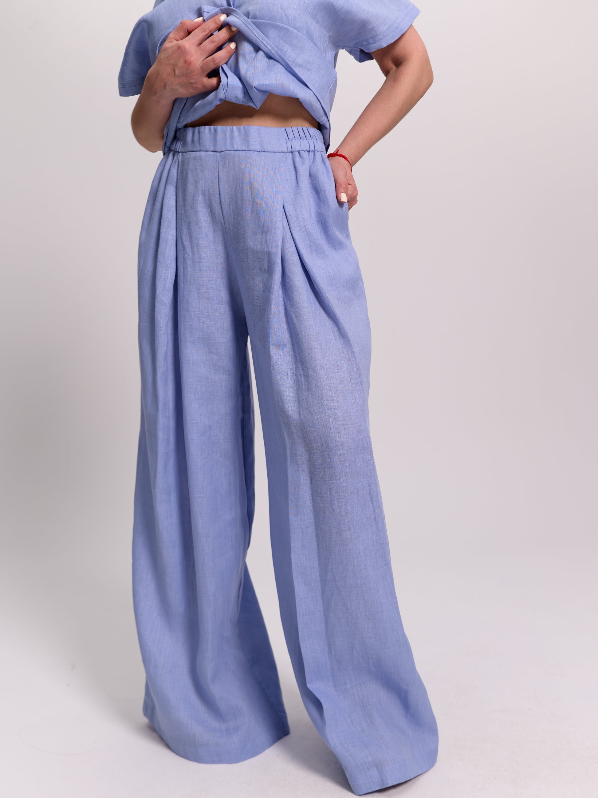 Baby Blue Wide-Leg Pleated Linen Trousers