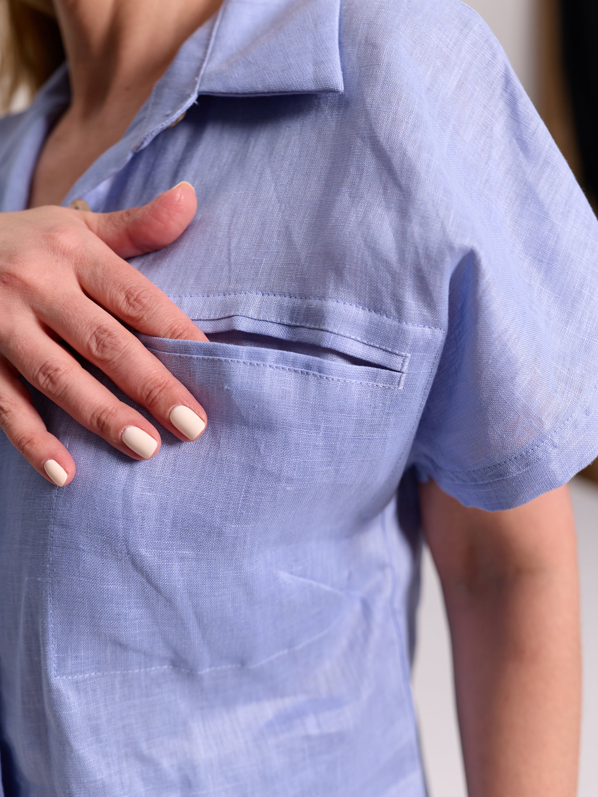 Baby Blue Short-Sleeve Linen Camp Collar Shirt