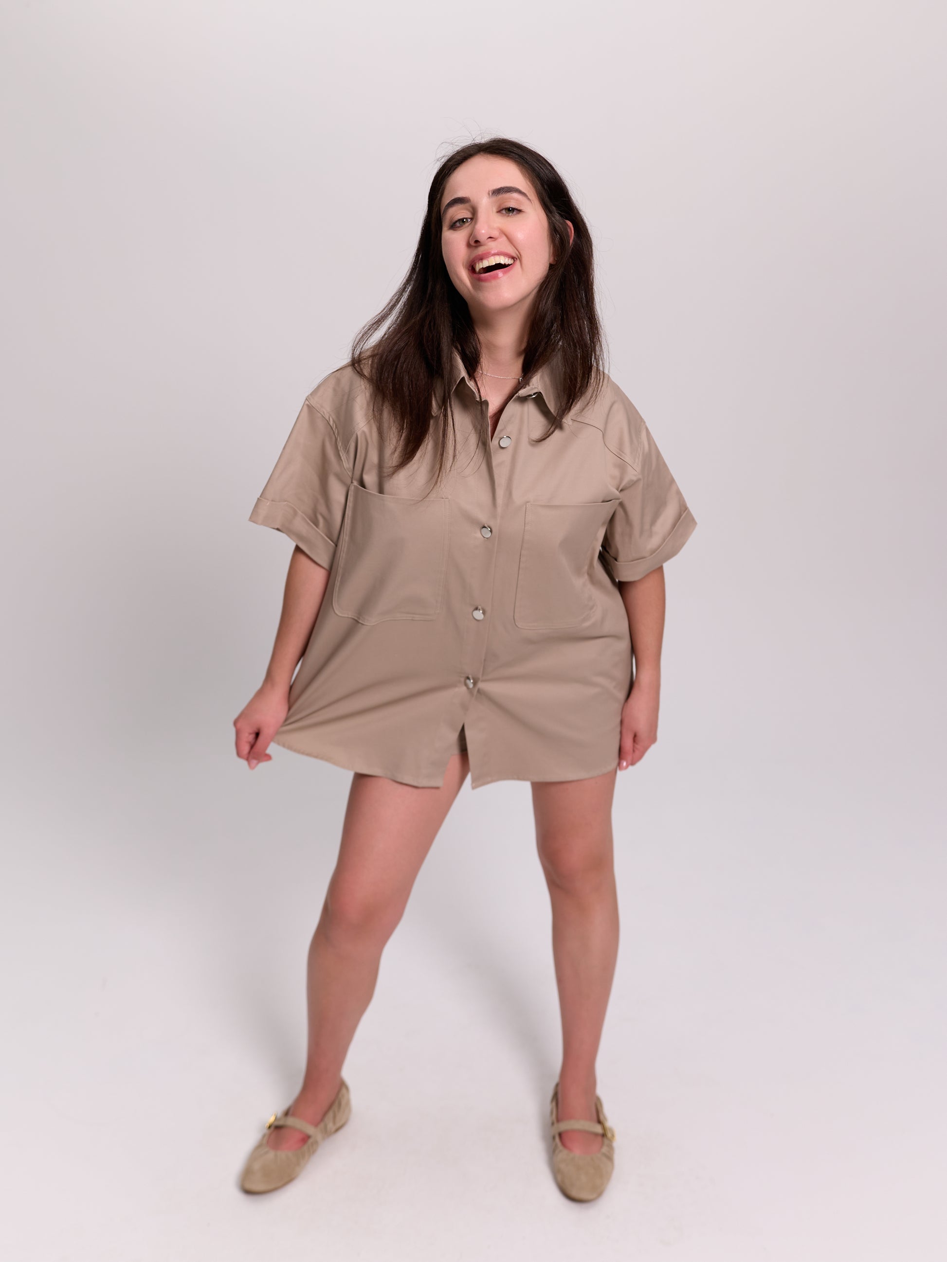 Beige Oversized Utility Snap-Button Shirt