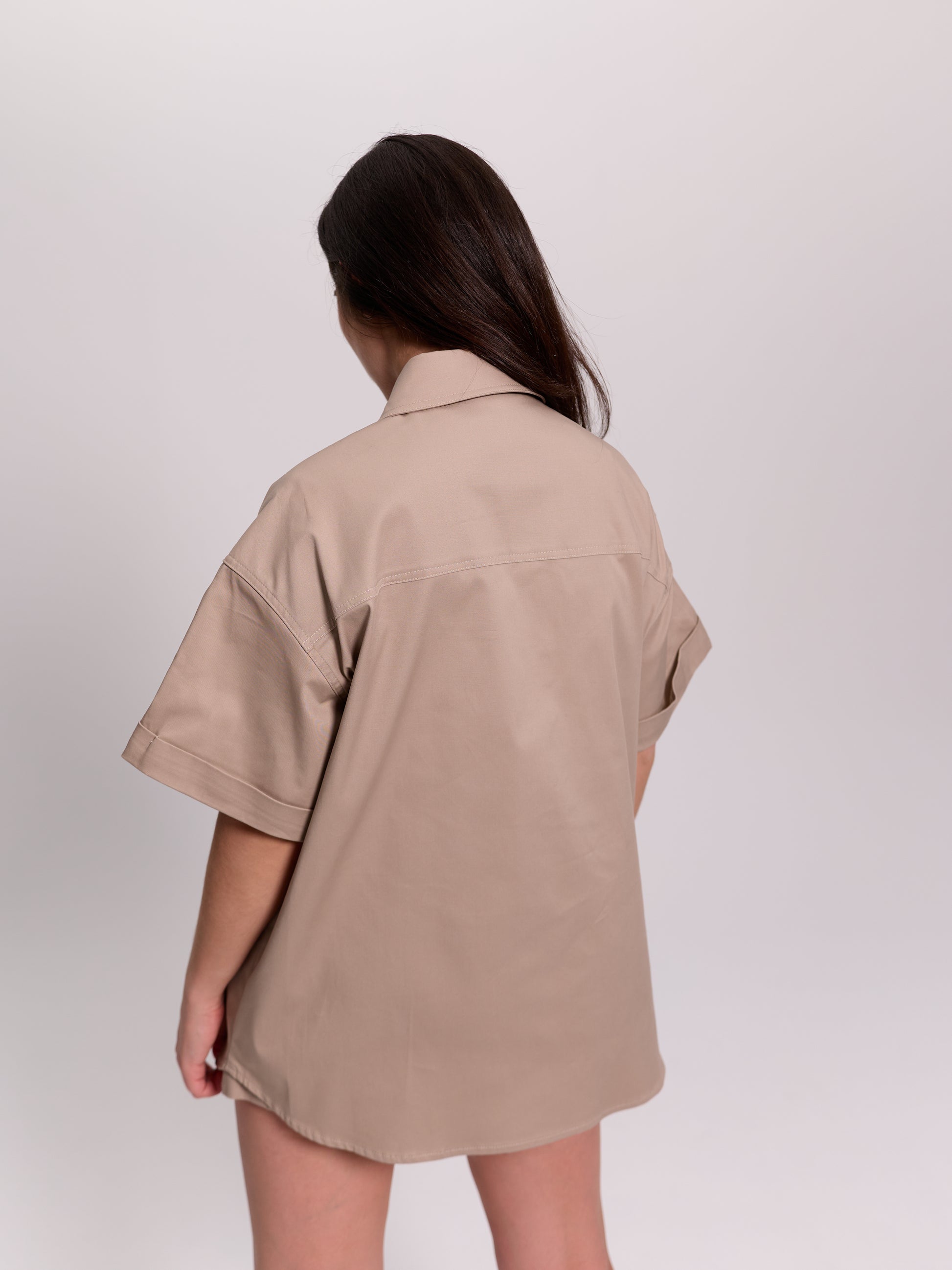 Beige Oversized Utility Snap-Button Shirt