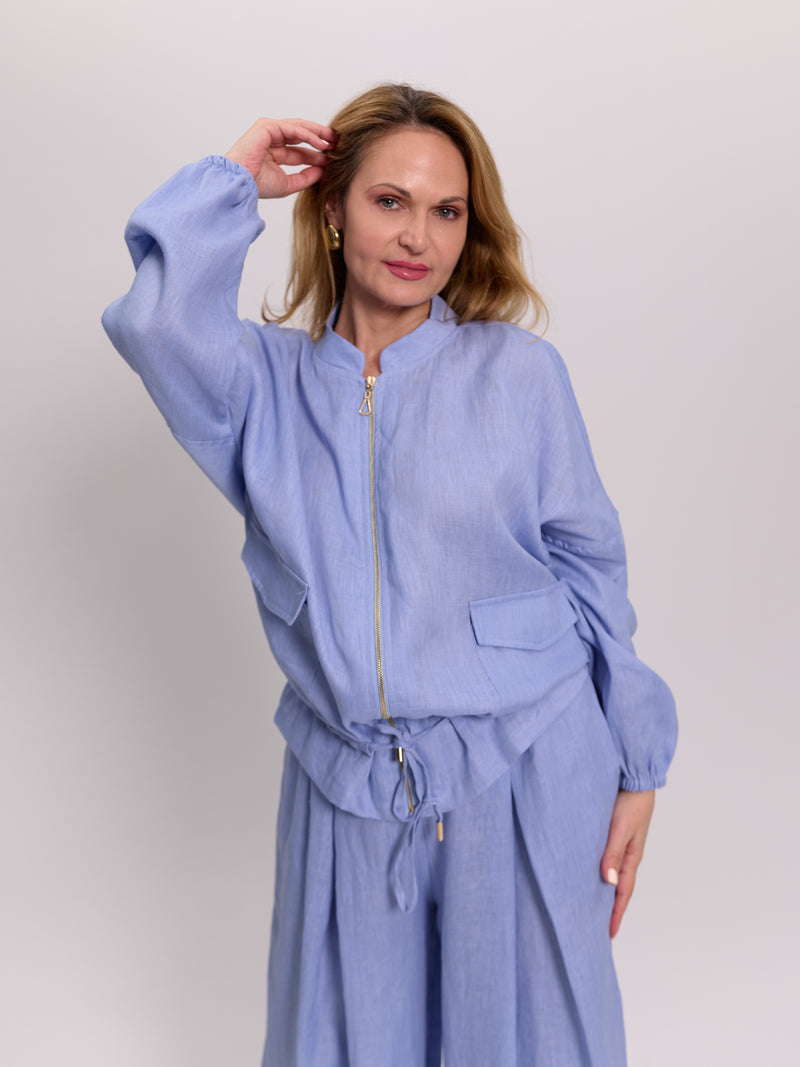 Baby Blue Linen Bomber Jacket