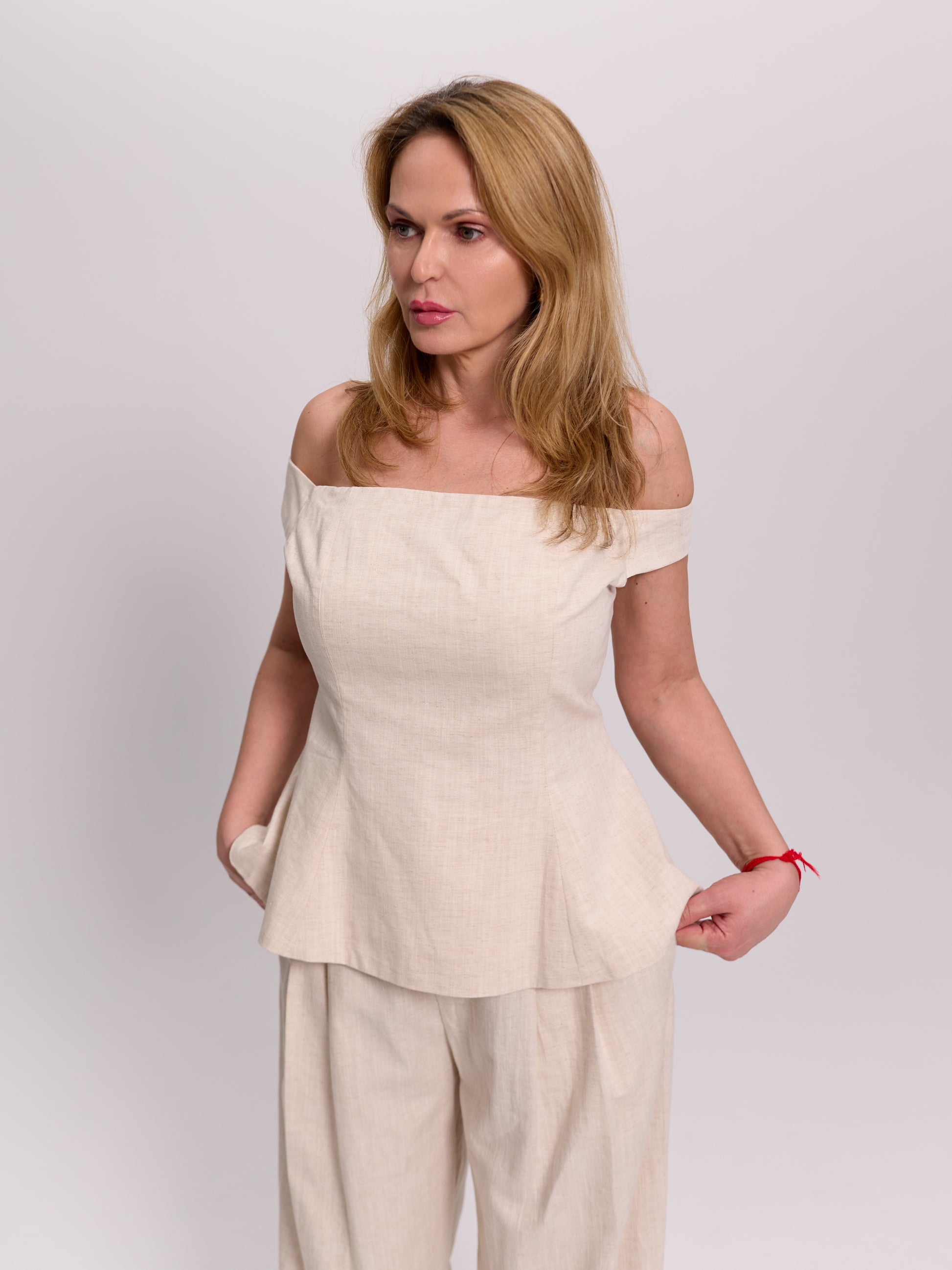 Off-The-Shoulder Linen Peplum Top