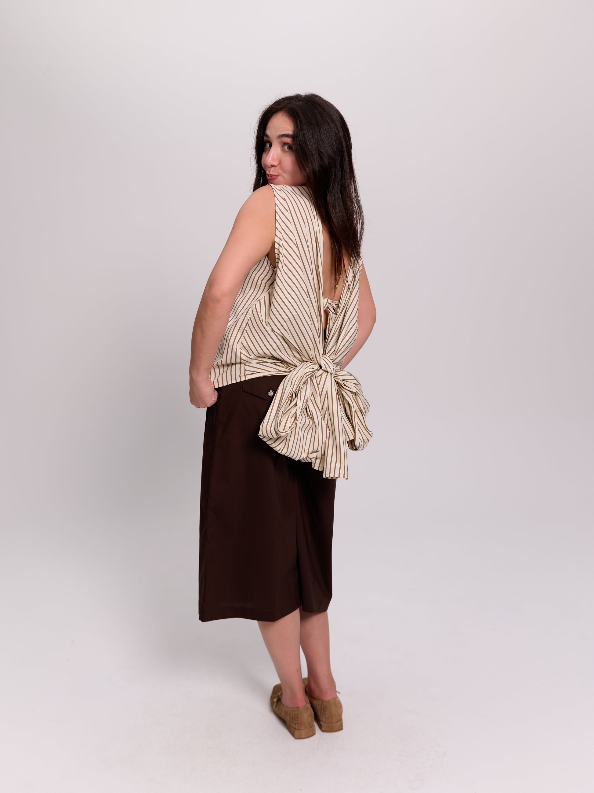 Cream Striped Open-Back Tie Blouse