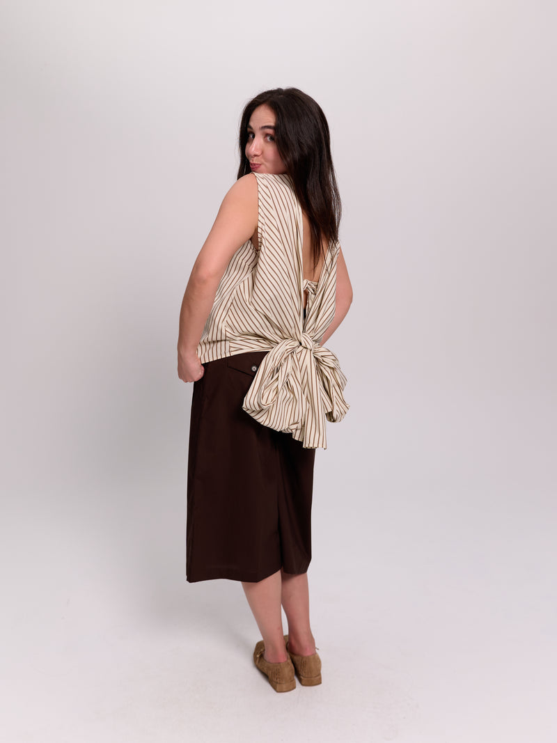 Cream Striped Open-Back Tie Blouse