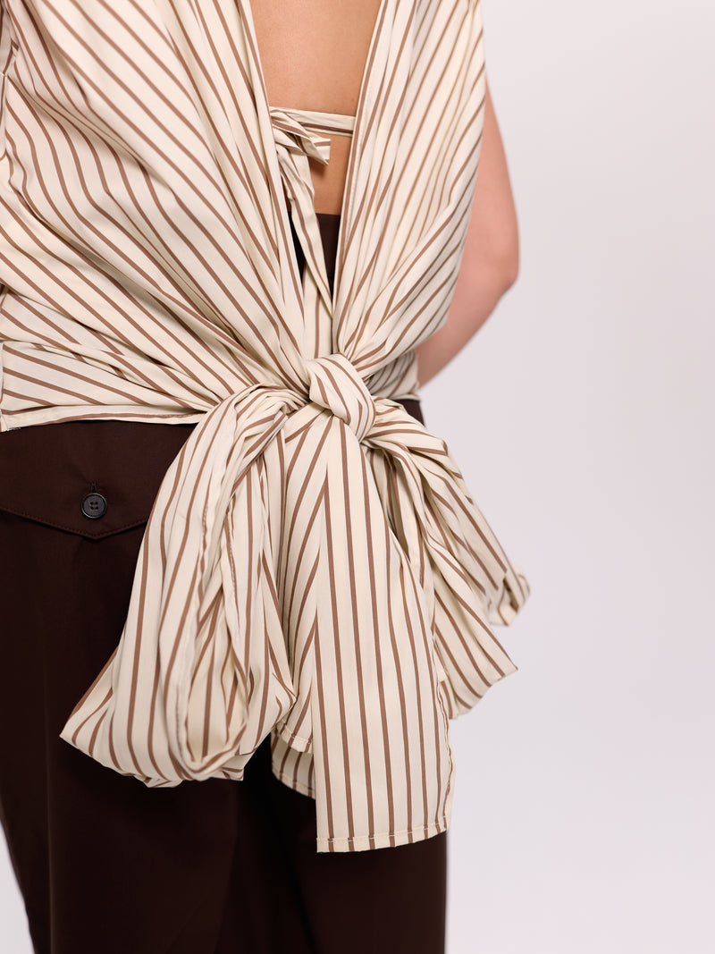 Cream Striped Open-Back Tie Blouse