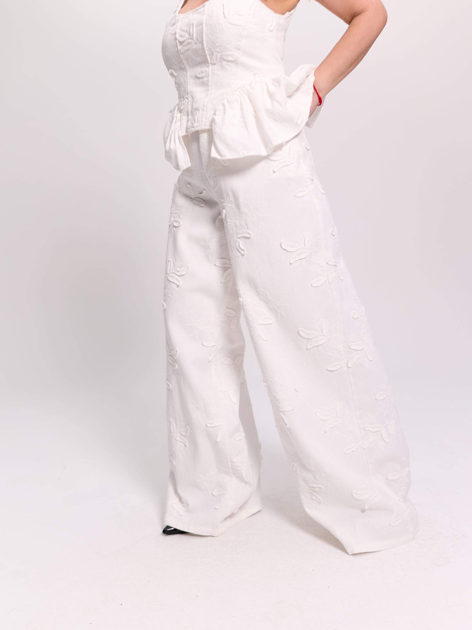 White Floral Jacquard Trousers