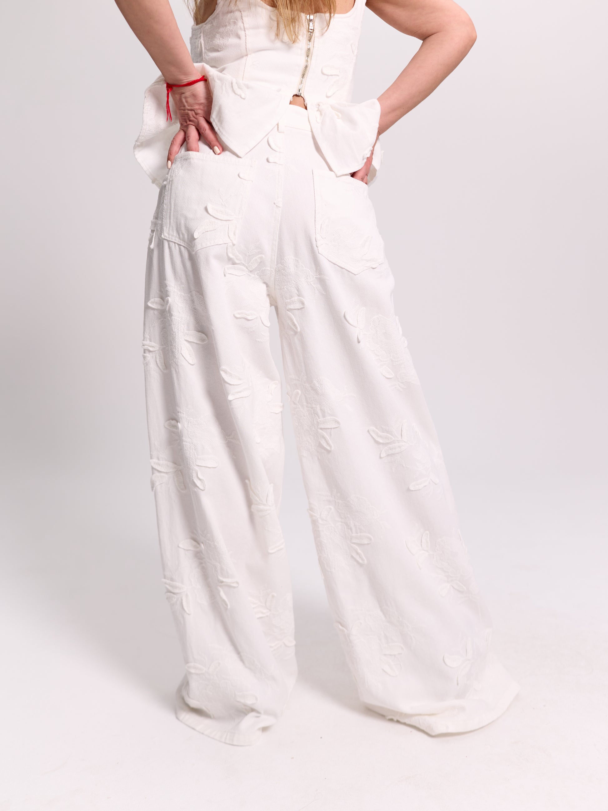 White Floral Jacquard Trousers