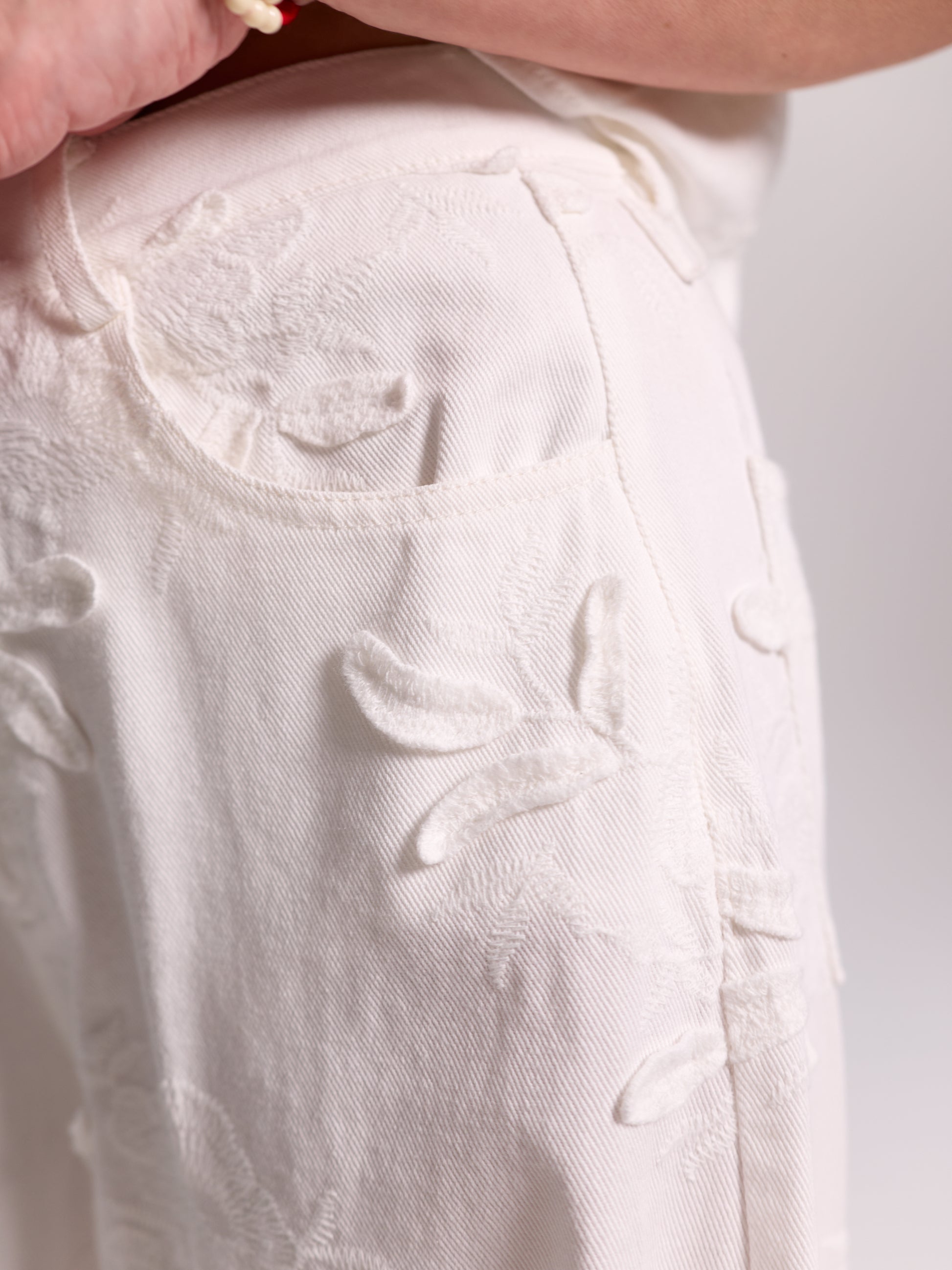 White Floral Jacquard Trousers