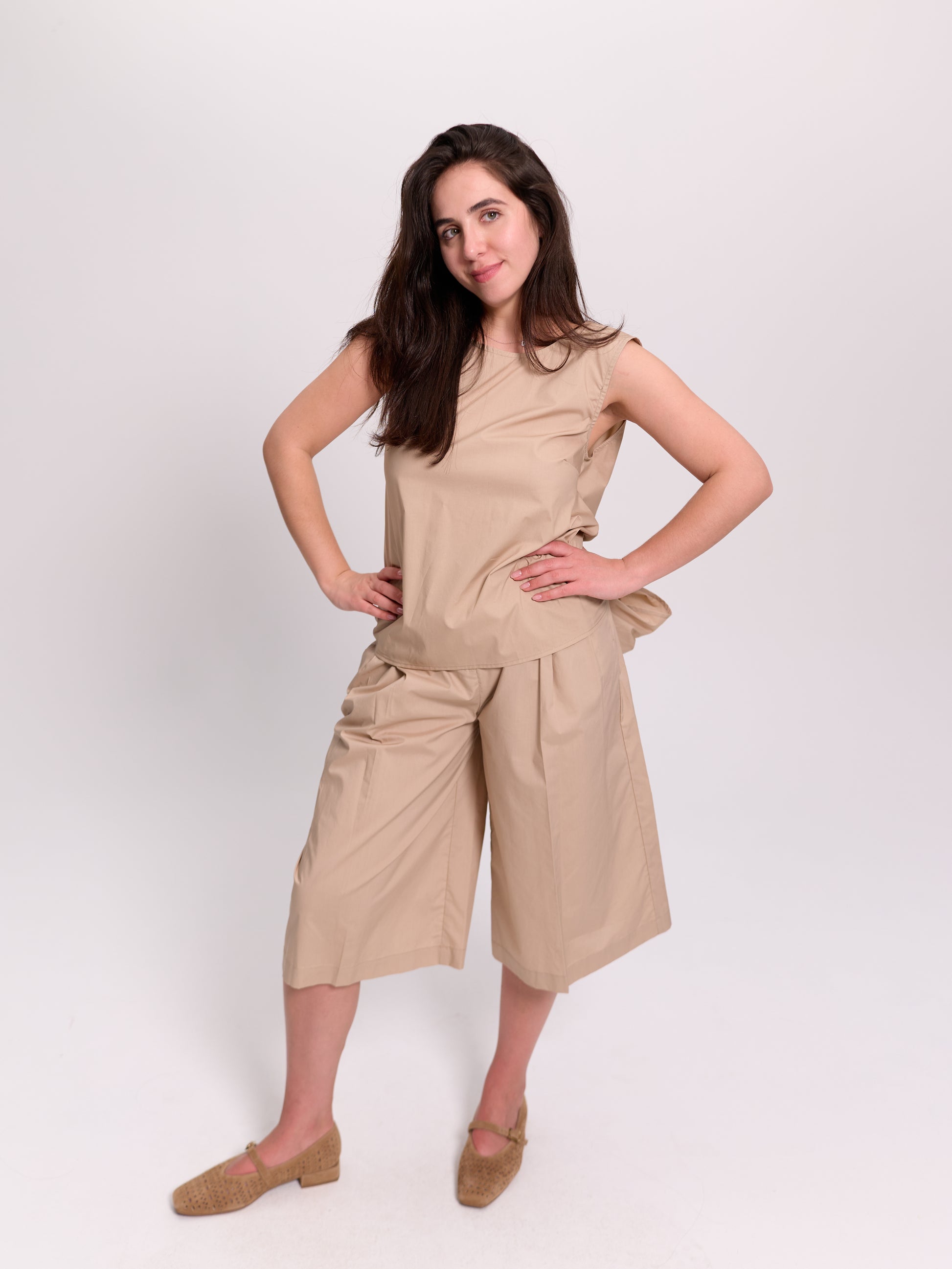 Beige Wide-Leg Culotte Shorts