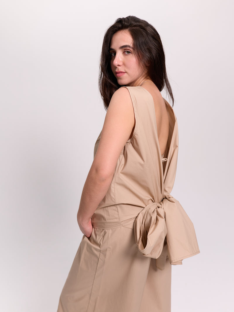 Beige Open-Back Tie Blouse