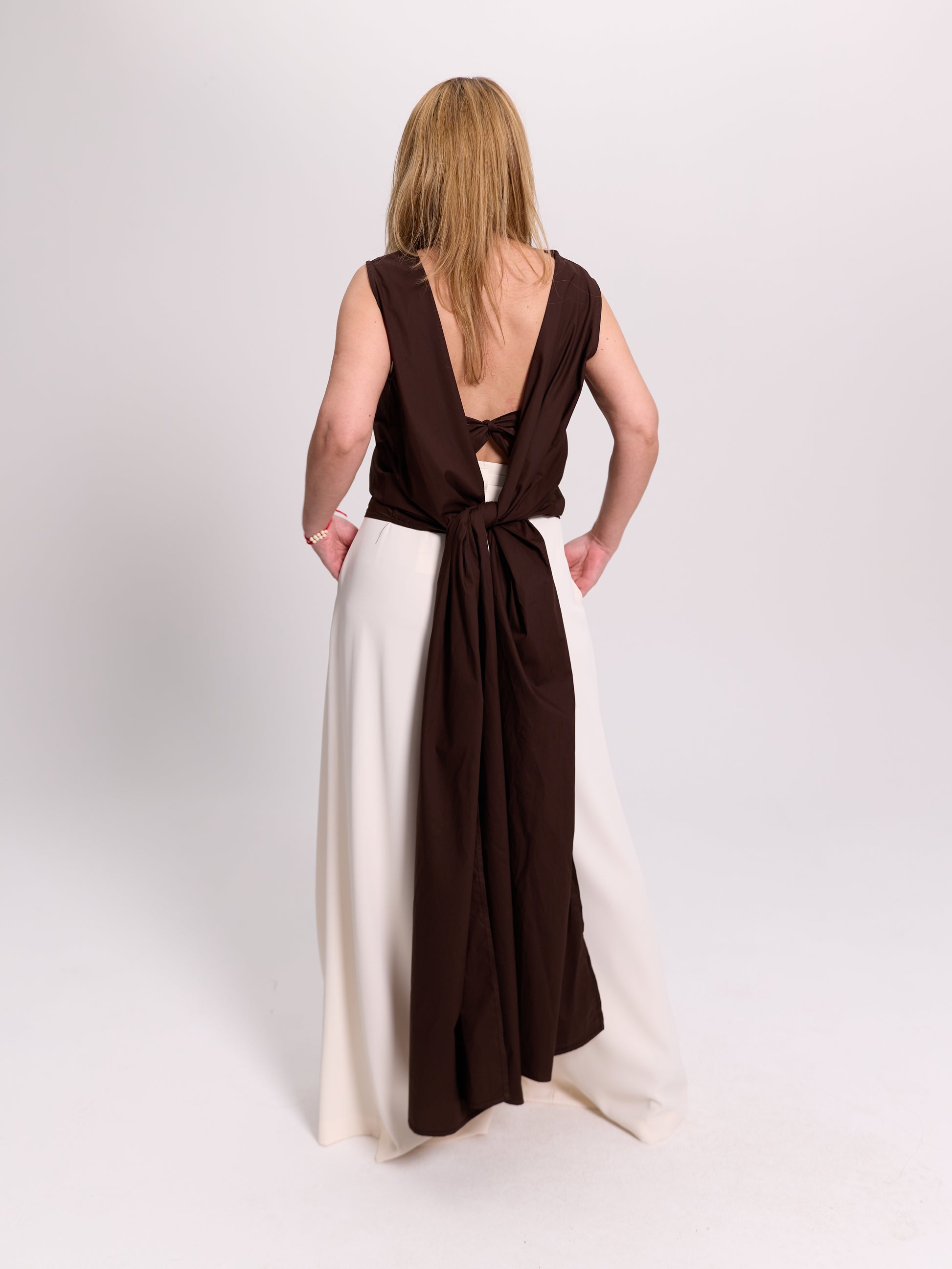 Brown Open-Back Tie Blouse