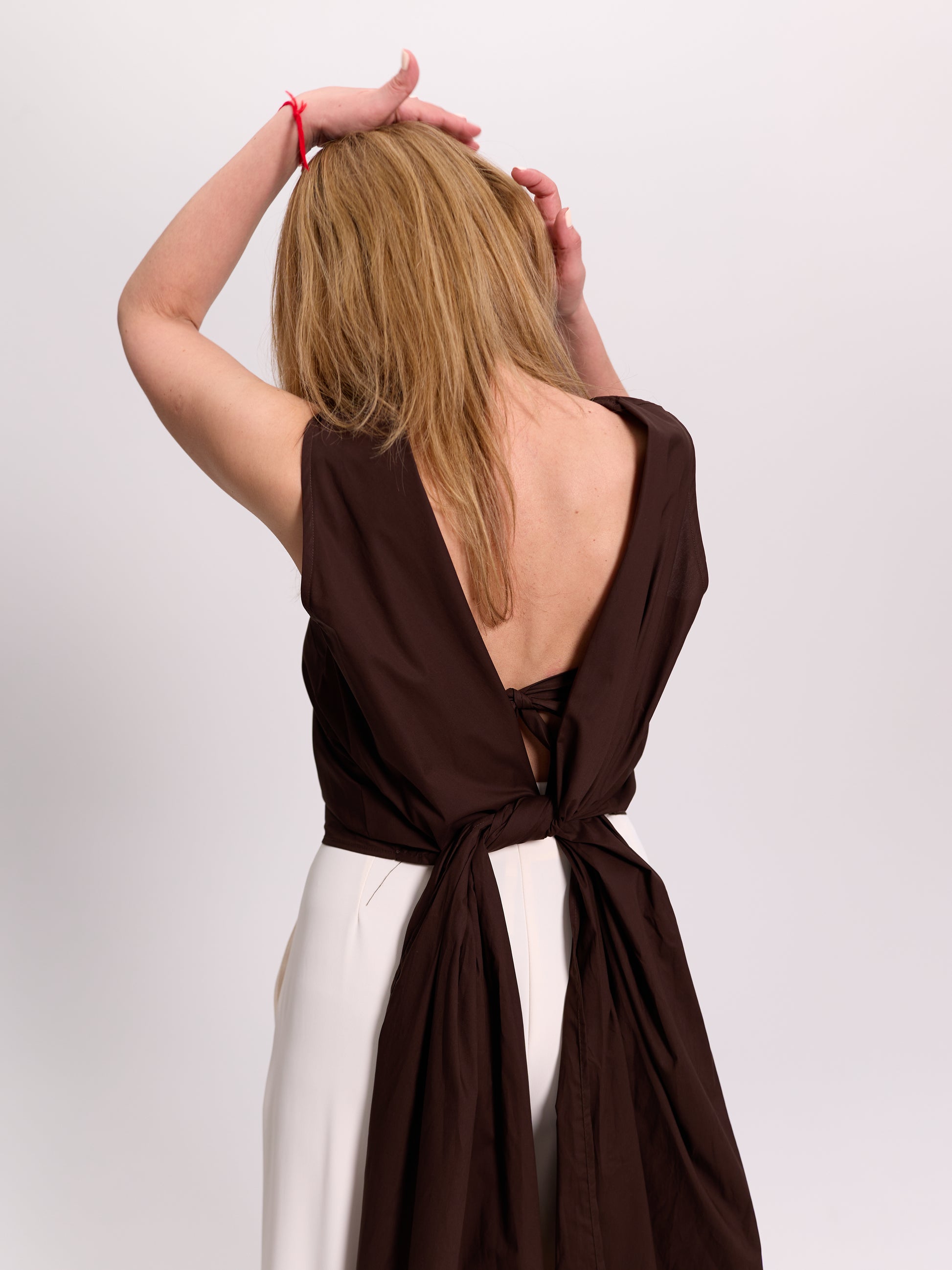 Brown Open-Back Tie Blouse