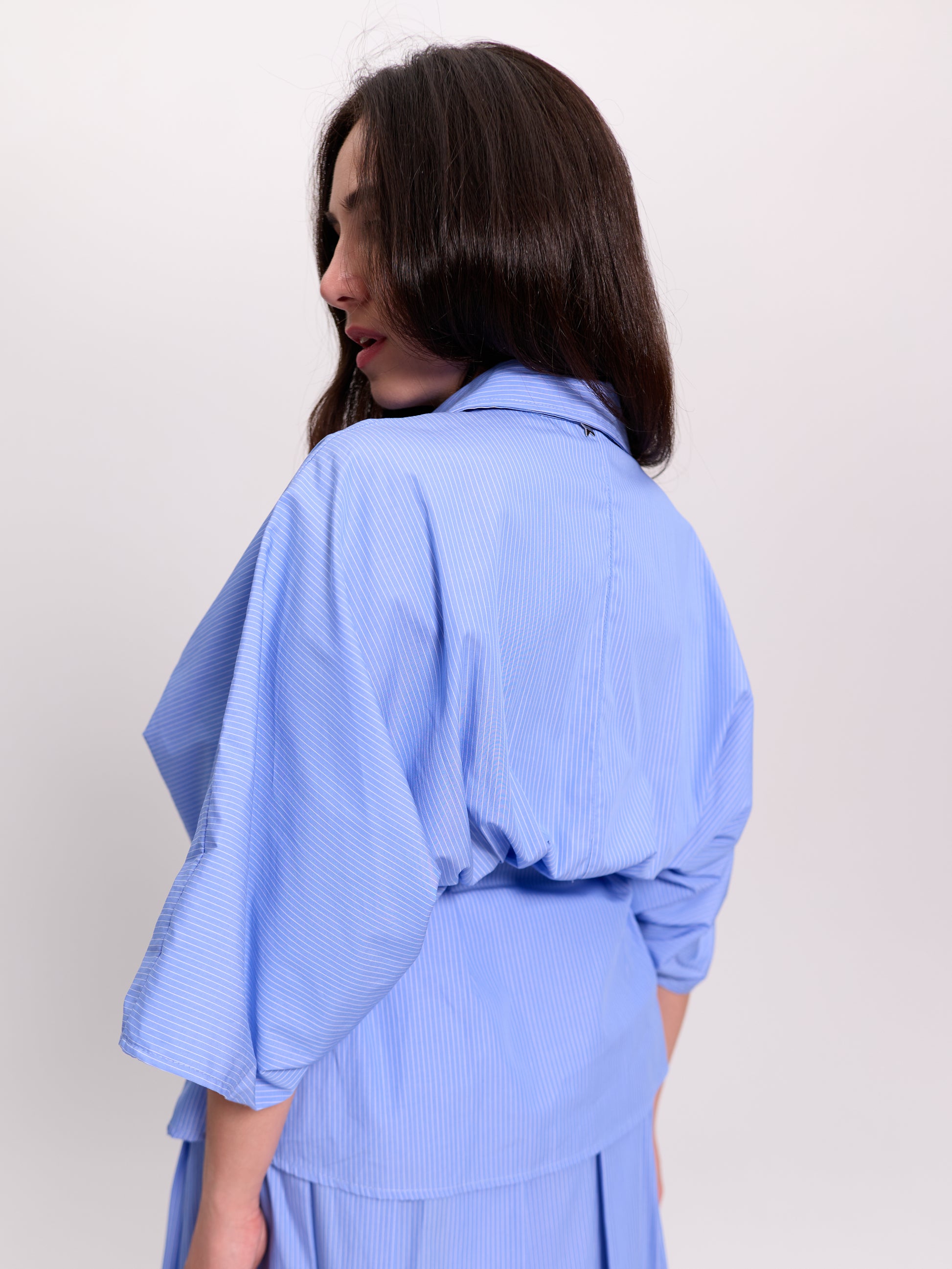Batwing Corset-Waist Pinstripe Shirt