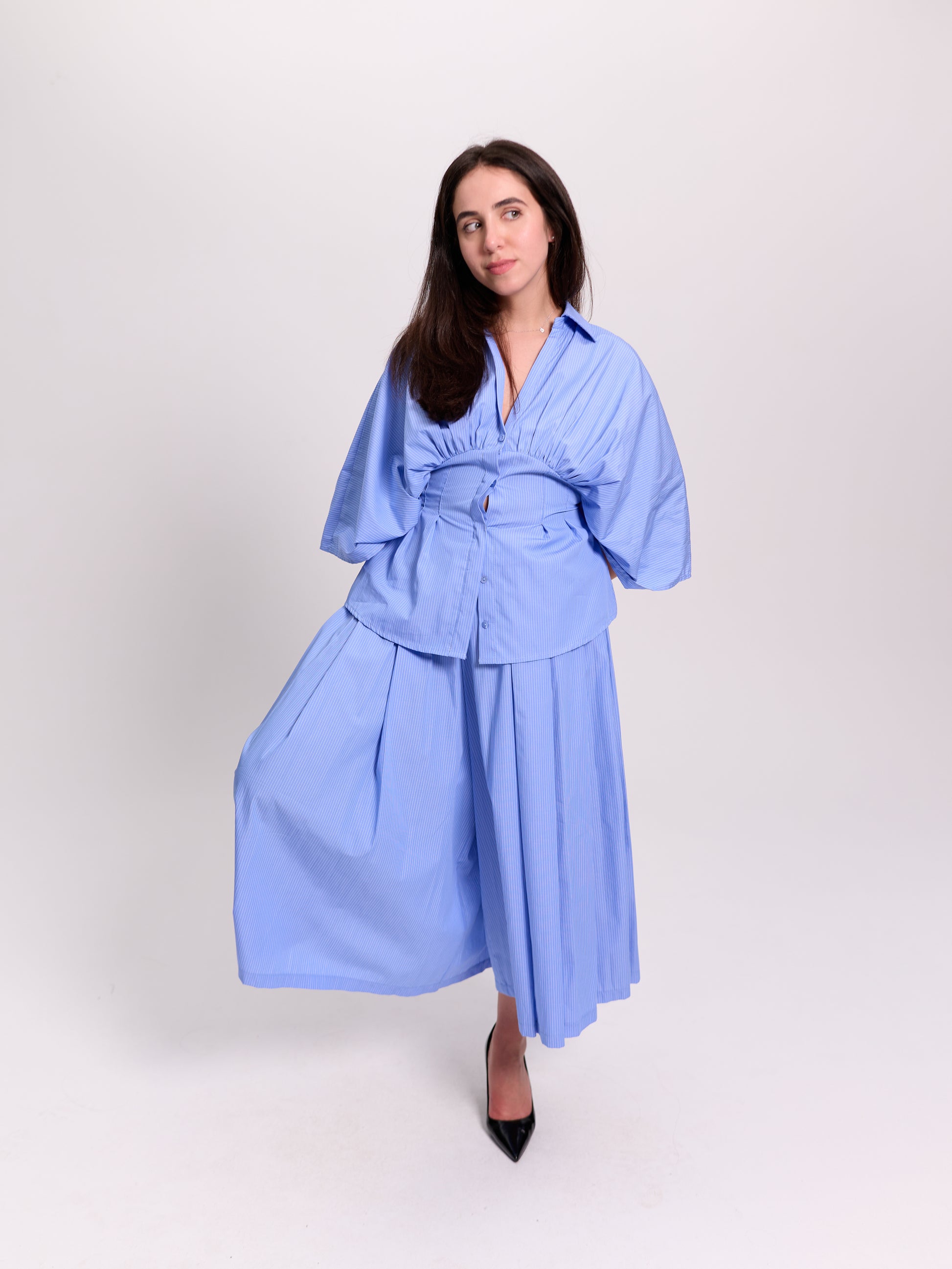 Batwing Corset-Waist Pinstripe Shirt