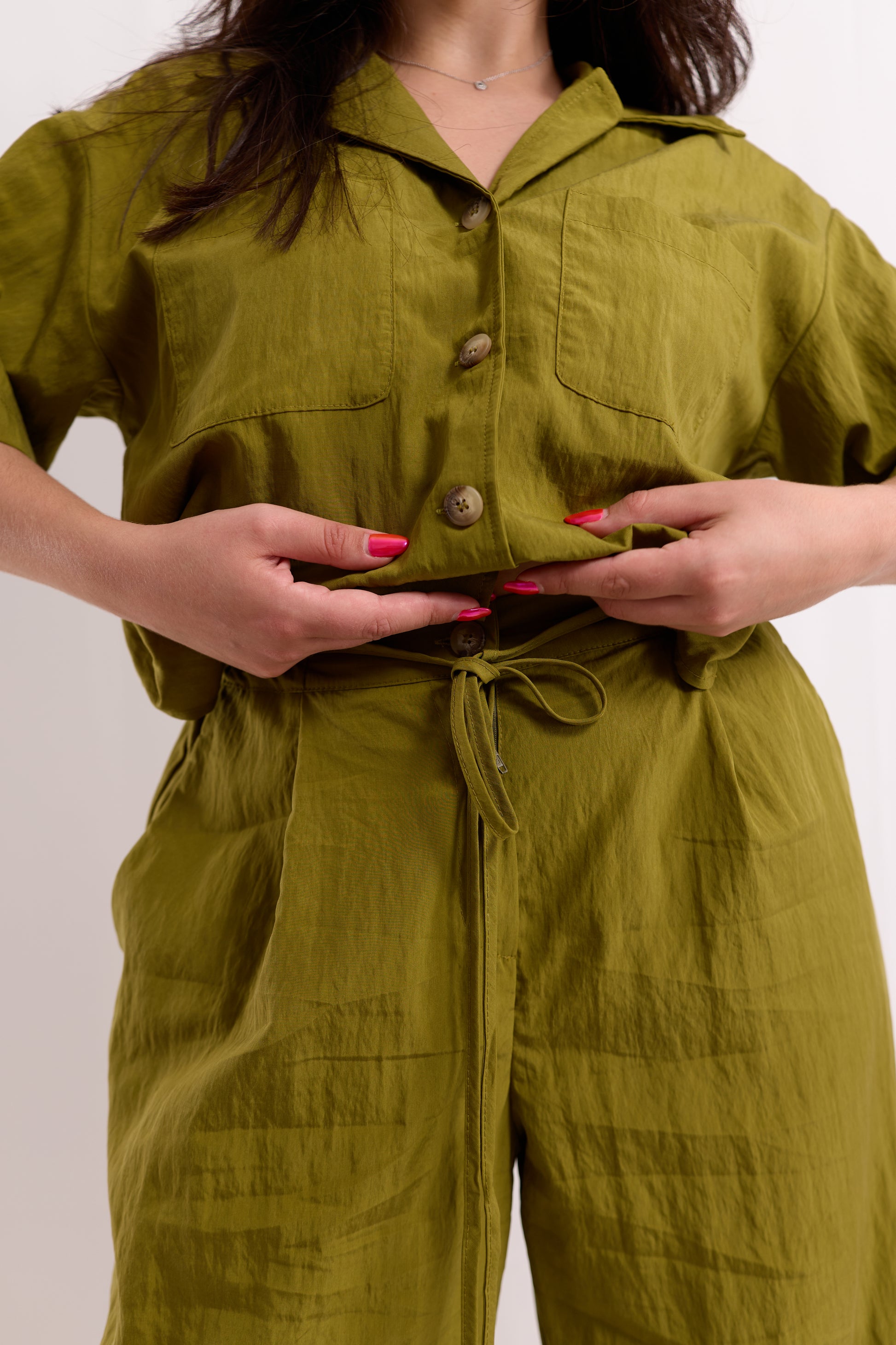Olive Camp-Collar Utility Jumpsuit