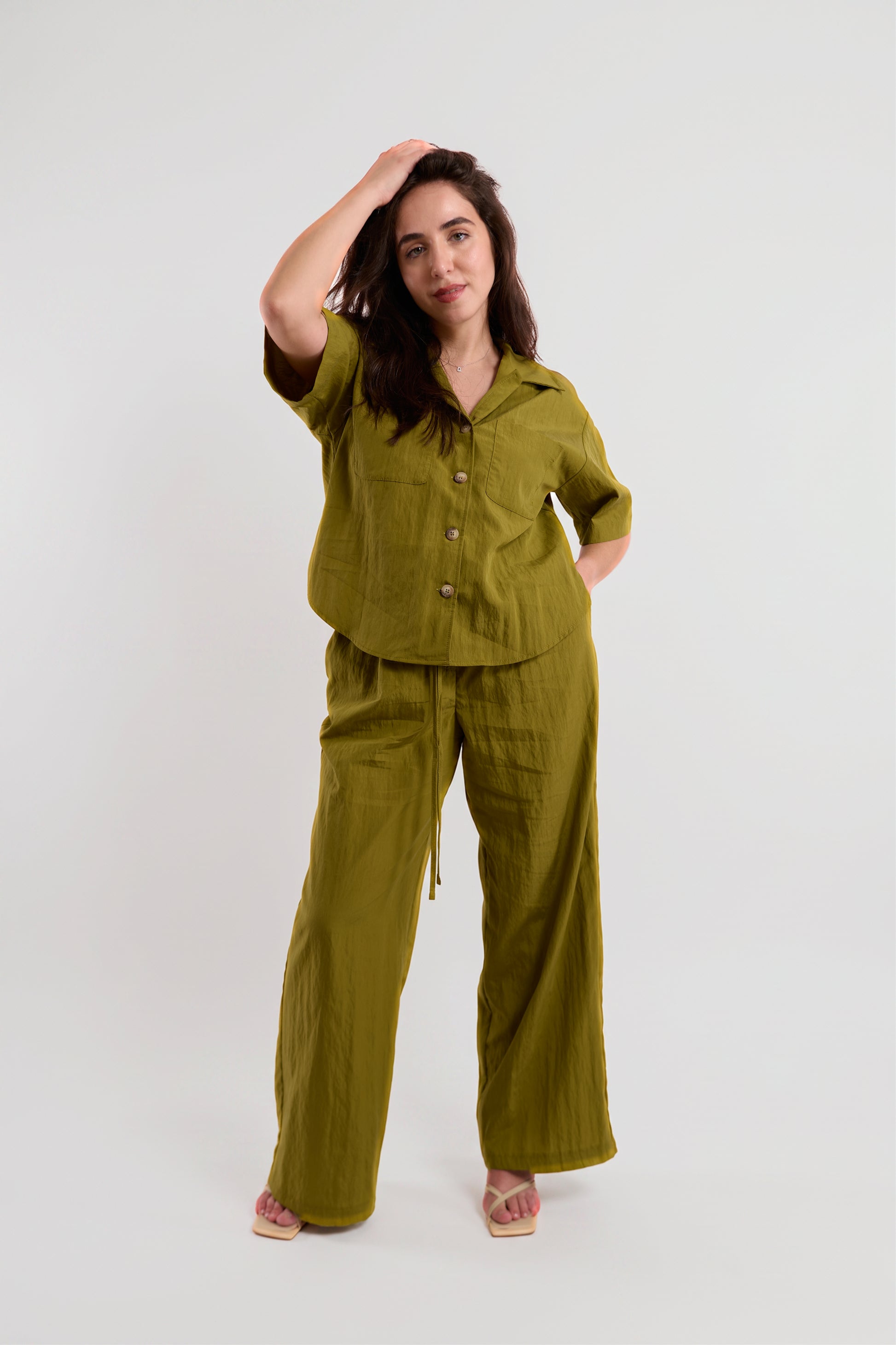 Olive Camp-Collar Utility Jumpsuit