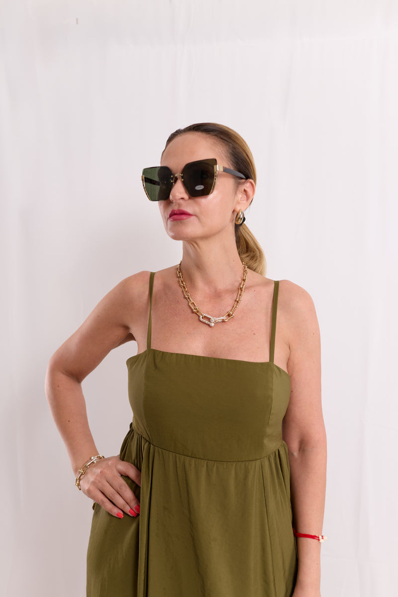 Olive Square-Neck Open-Back Maxi Dress