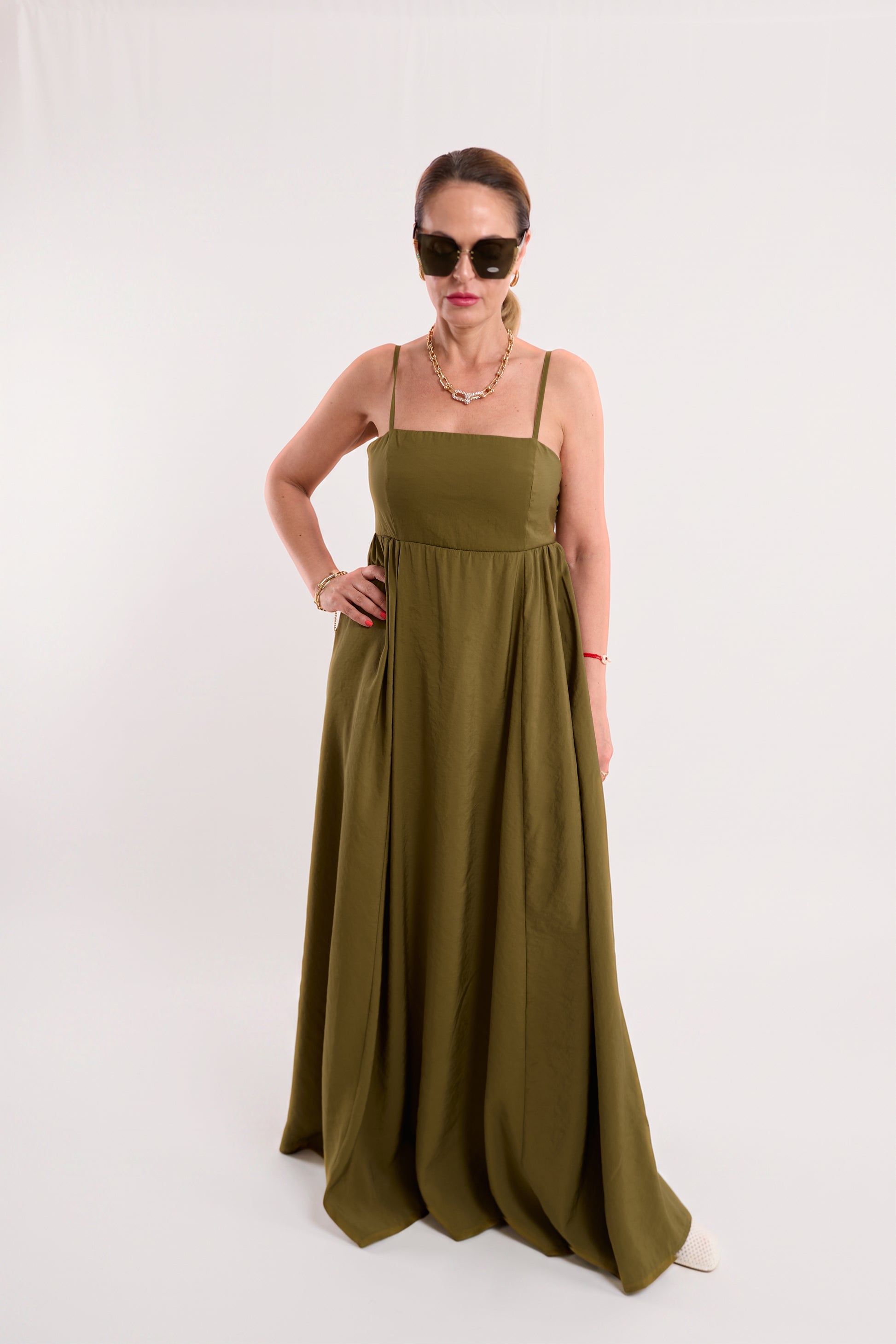 Olive Square-Neck Open-Back Maxi Dress