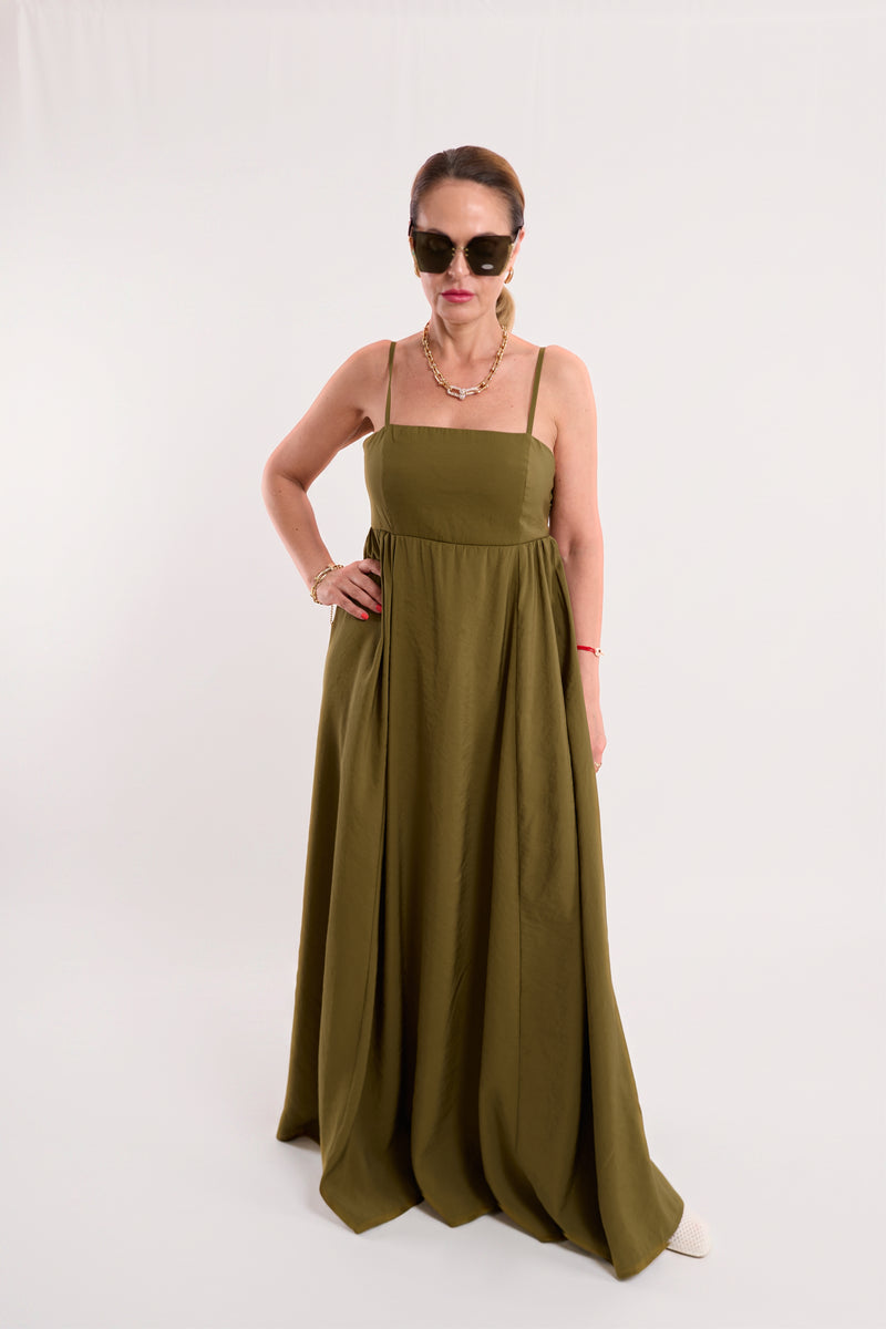 Olive Square-Neck Open-Back Maxi Dress