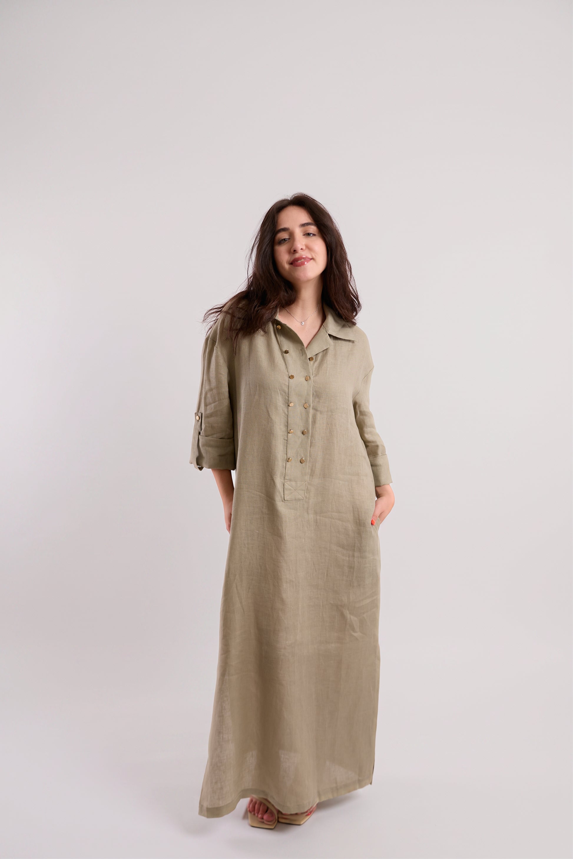 Beige Linen Oversized Shirt Dress