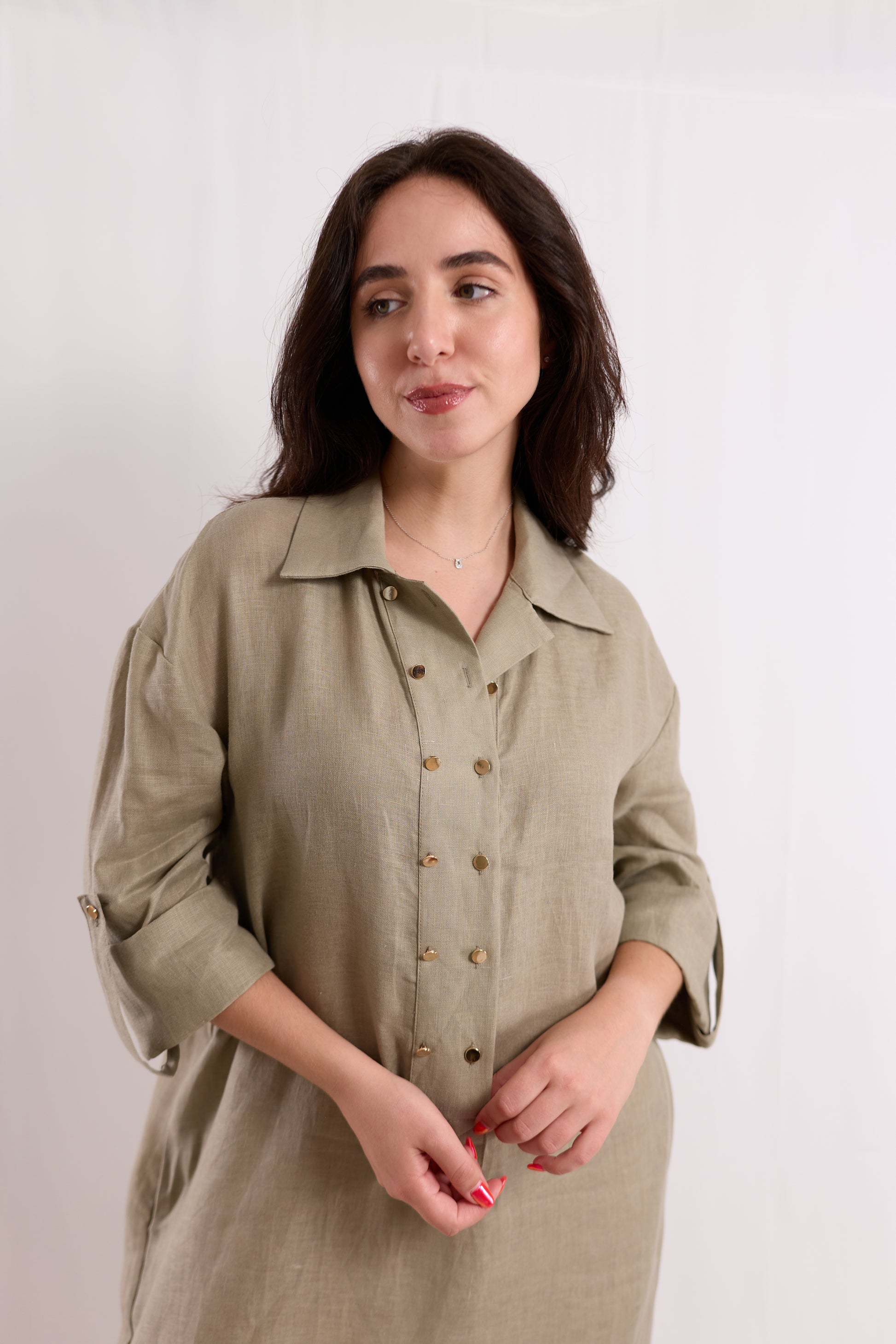 Beige Linen Oversized Shirt Dress