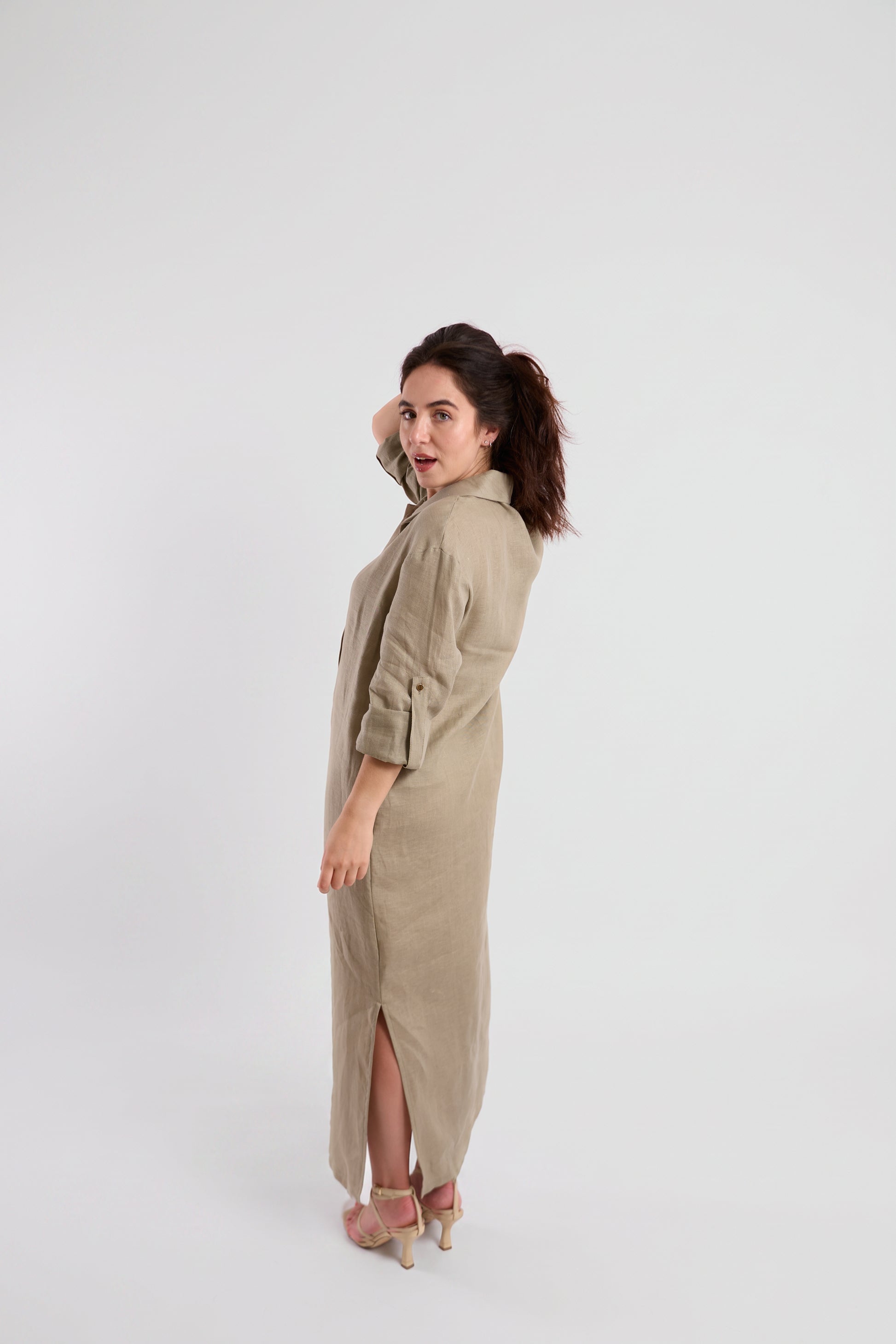 Beige Linen Oversized Shirt Dress