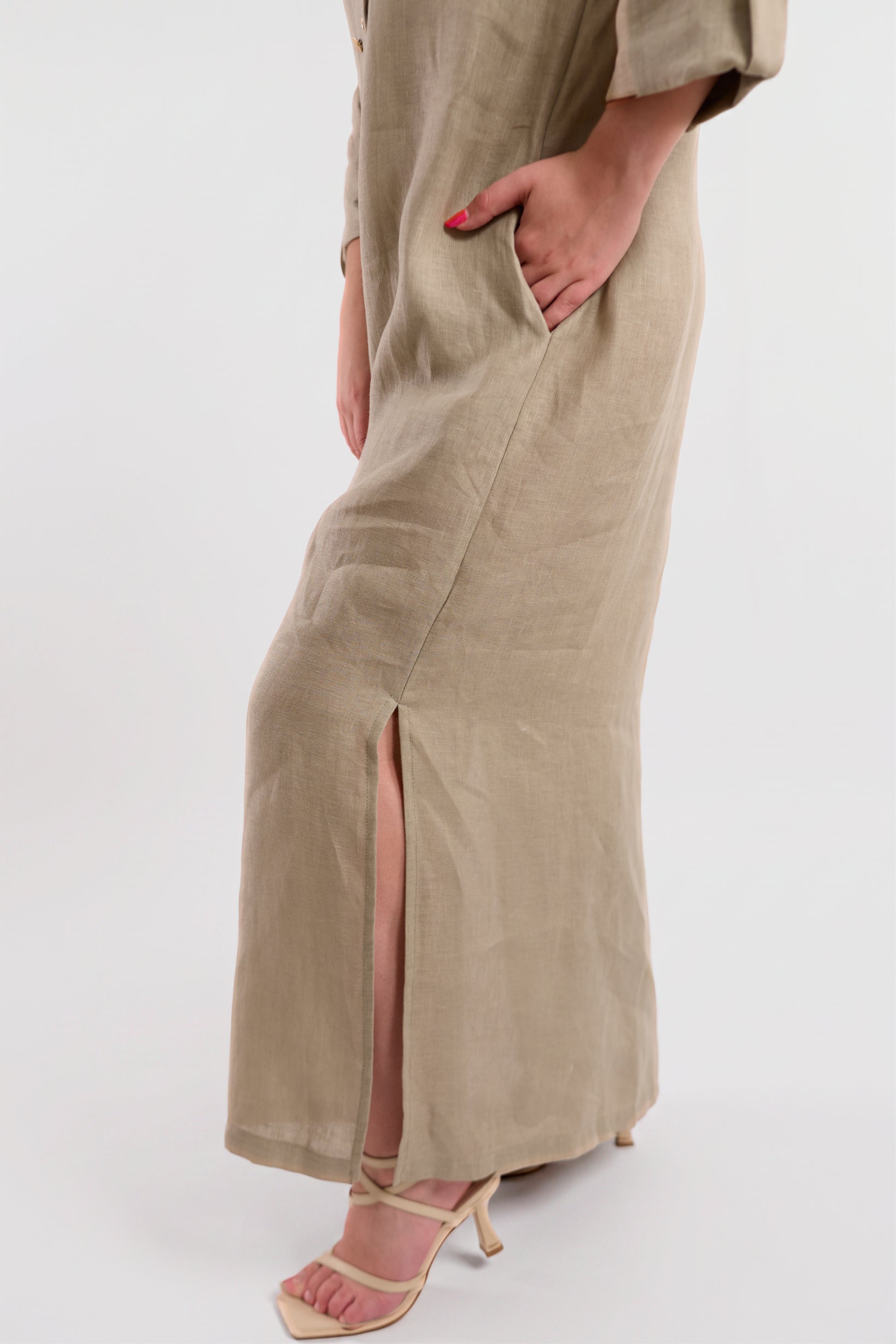 Beige Linen Oversized Shirt Dress