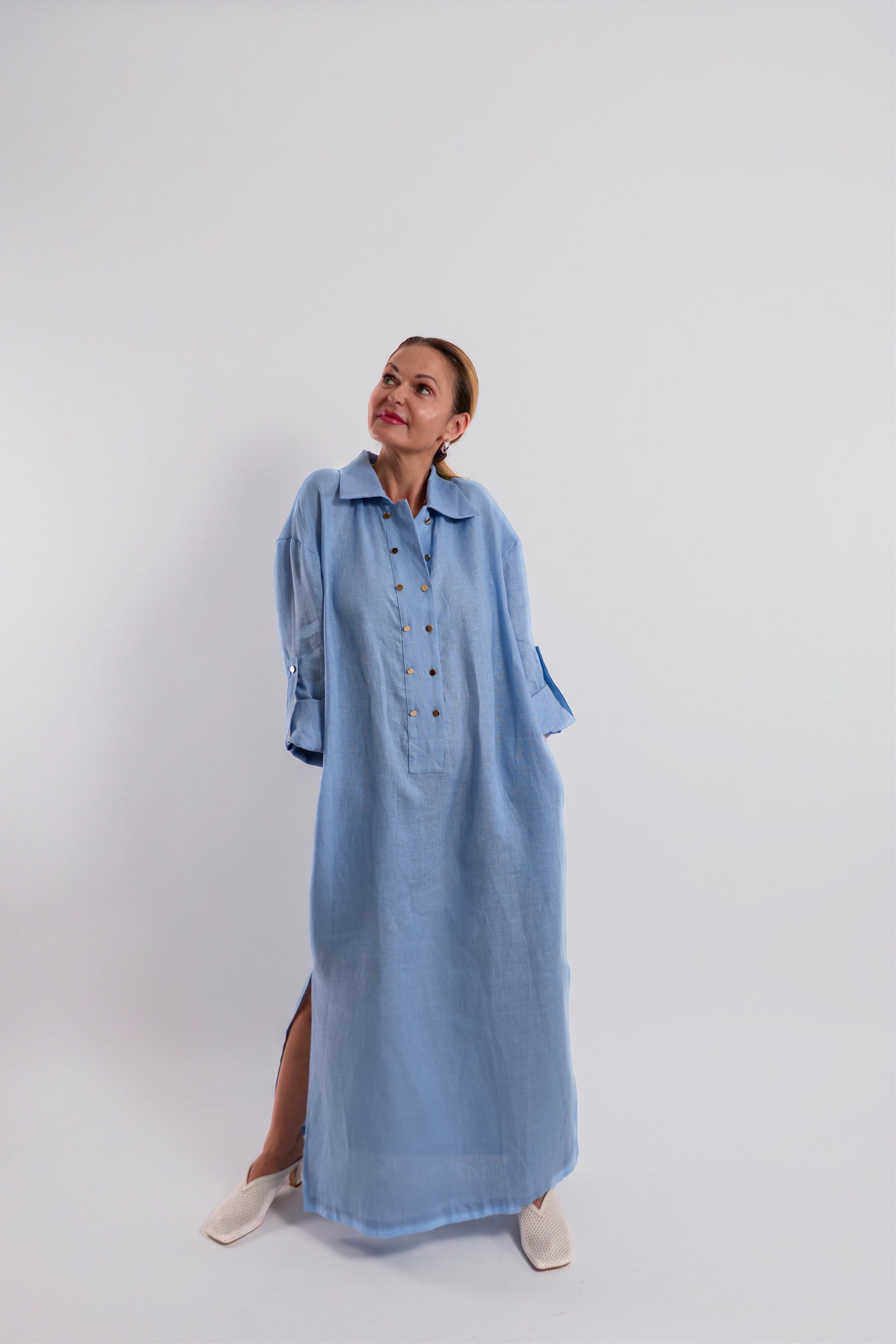 Baby Blue Linen Oversized Shirt Dress
